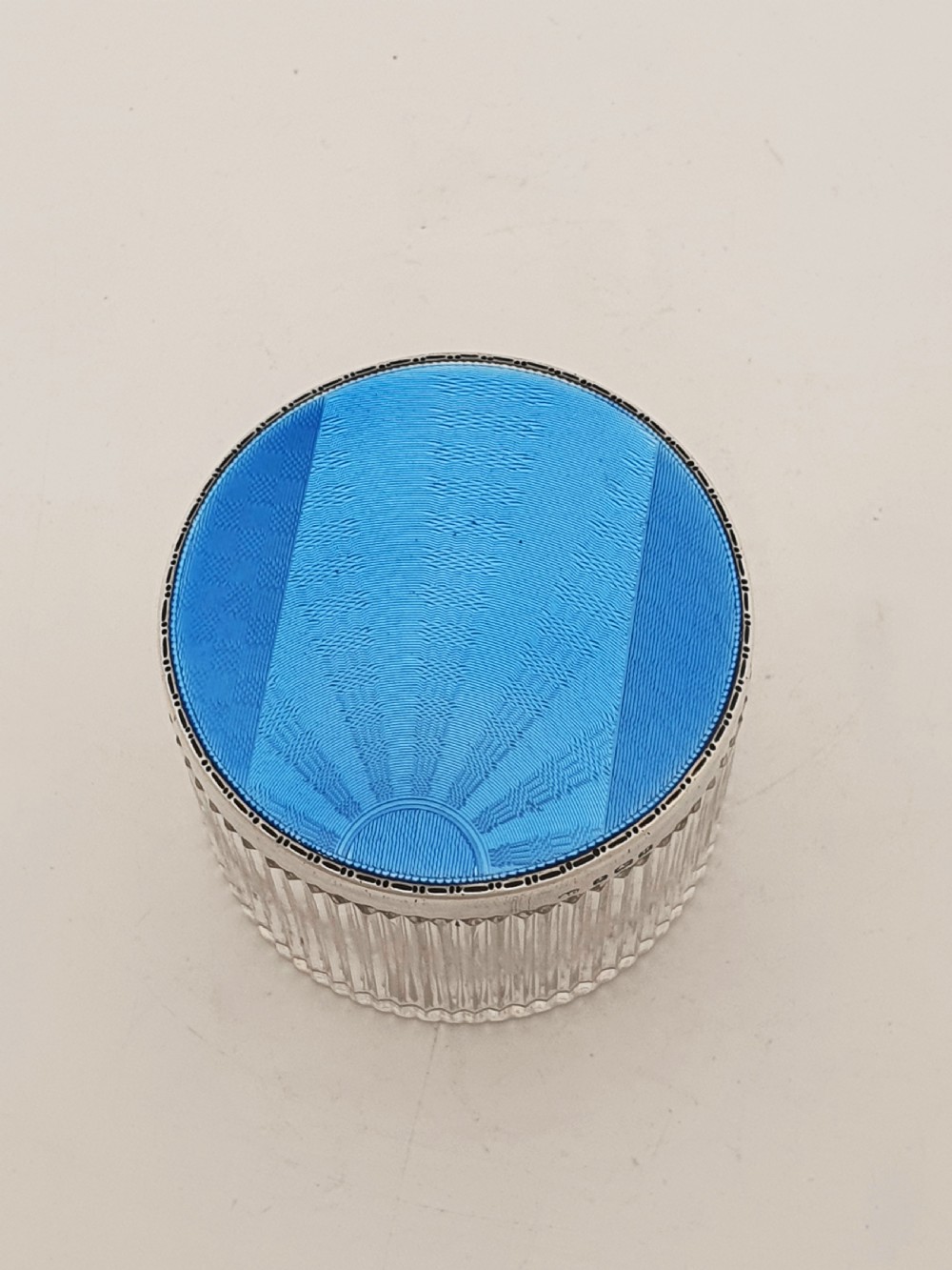 Stunning Art Deco Silver & Blue Guilloché Enamel Vanity Jar - 1932 View III