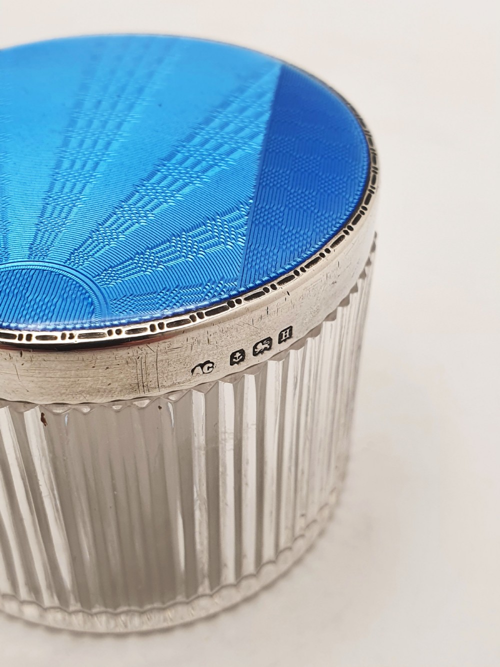 Stunning Art Deco Silver & Blue Guilloché Enamel Vanity Jar - 1932 View IV