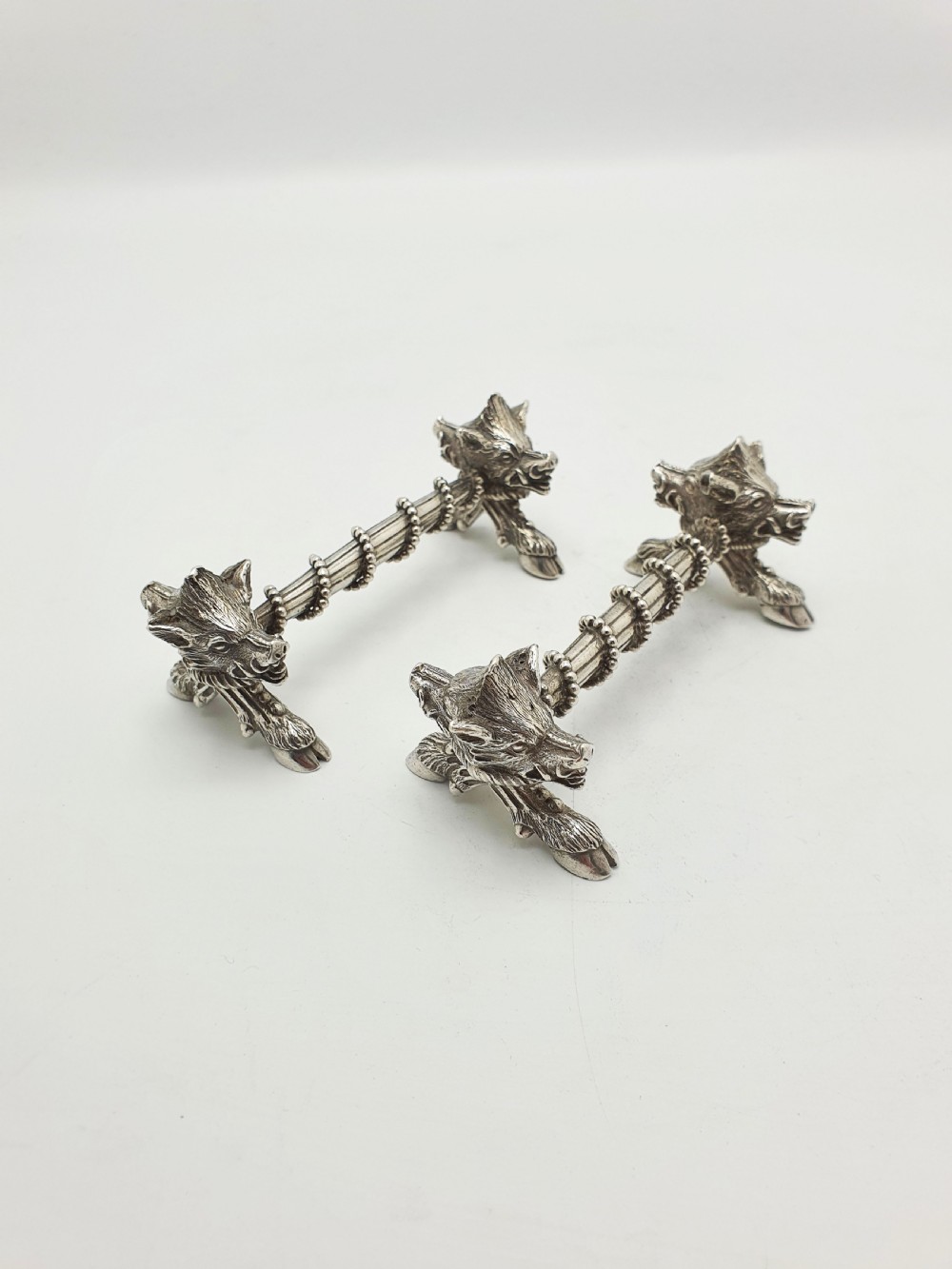 Stunning Pair of Antique Victorian Sterling Silver Boar’s Head Knife Rests - 1867