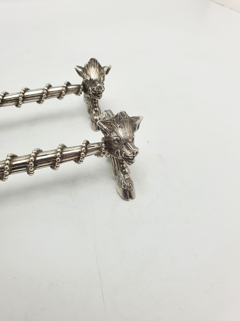 Stunning Pair of Antique Victorian Sterling Silver Boar’s Head Knife Rests - 1867 View IV