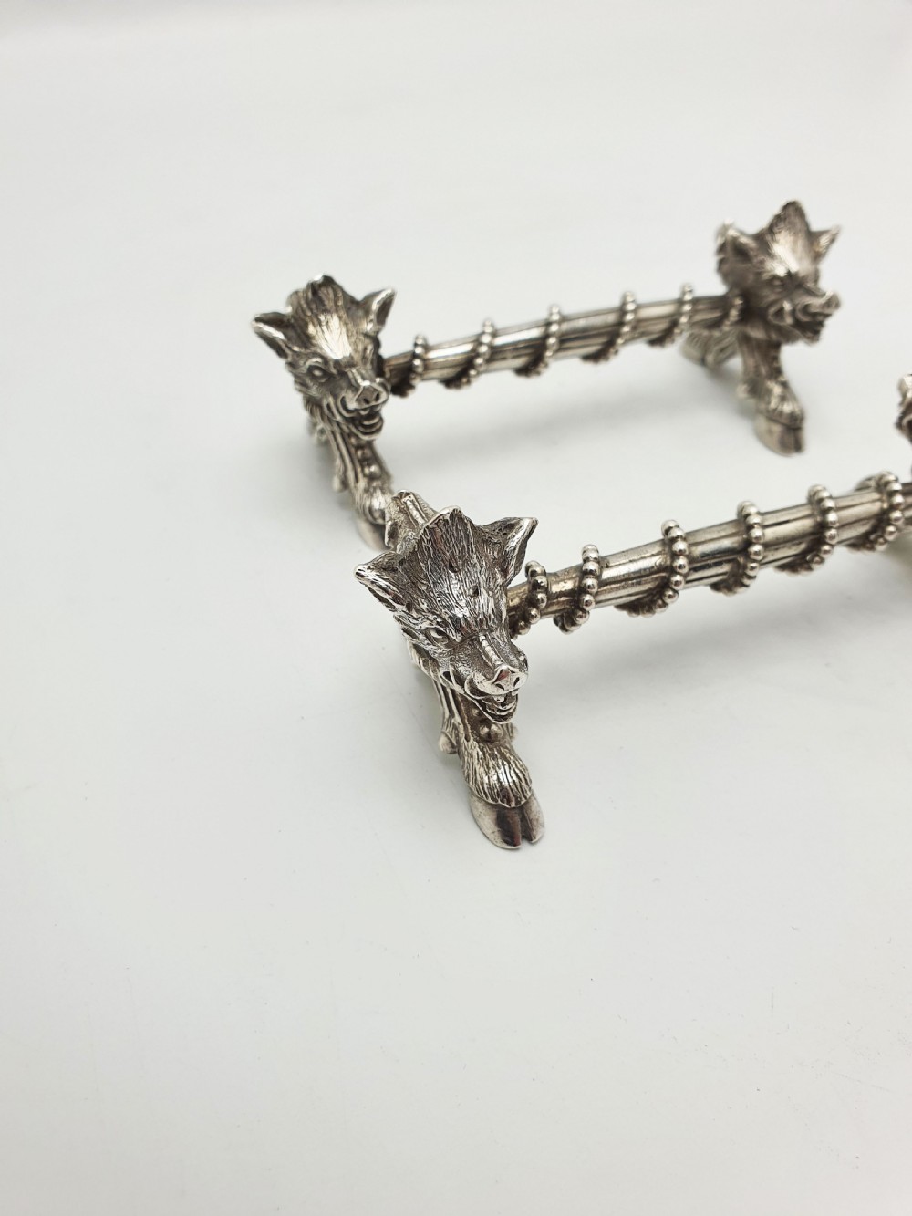 Stunning Pair of Antique Victorian Sterling Silver Boar’s Head Knife Rests - 1867 View V