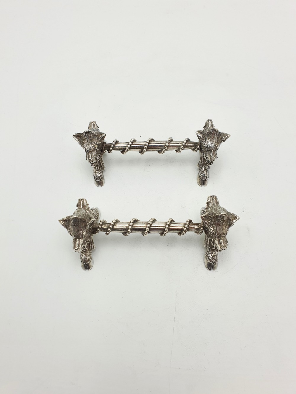 Stunning Pair of Antique Victorian Sterling Silver Boar’s Head Knife Rests - 1867 View VI