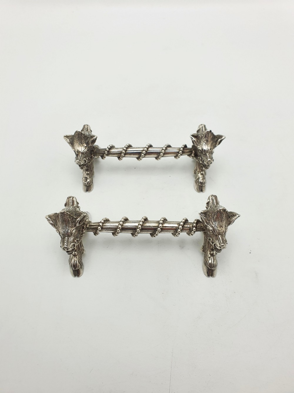 Stunning Pair of Antique Victorian Sterling Silver Boar’s Head Knife Rests - 1867 View VII