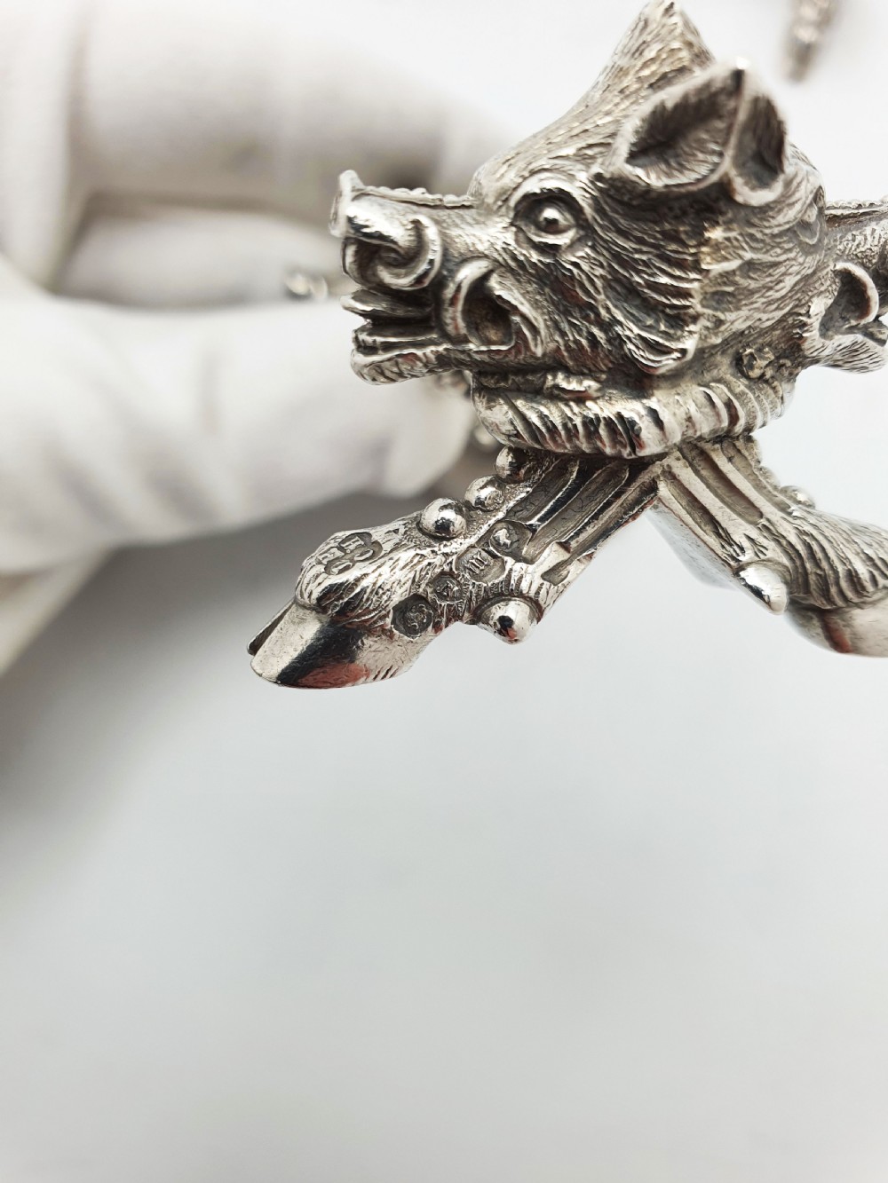 Stunning Pair of Antique Victorian Sterling Silver Boar’s Head Knife Rests - 1867 View VIII