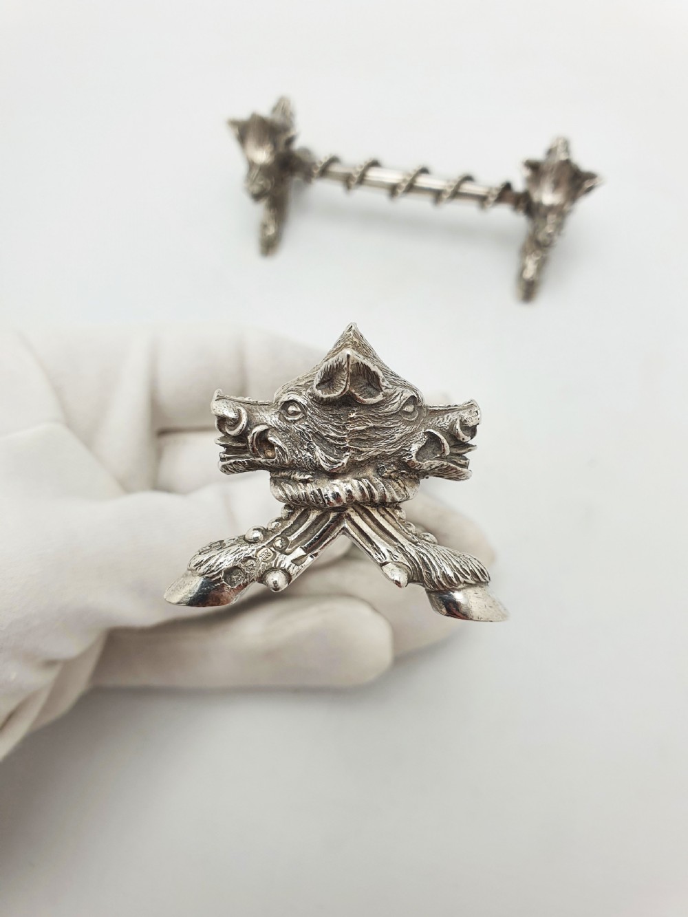 Stunning Pair of Antique Victorian Sterling Silver Boar’s Head Knife Rests - 1867 View X
