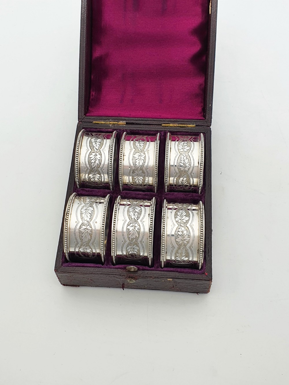 Victorian Silver-Plated Napkin Rings – Set of 6 in Original Velvet-Lined Case – circa 1890 View III