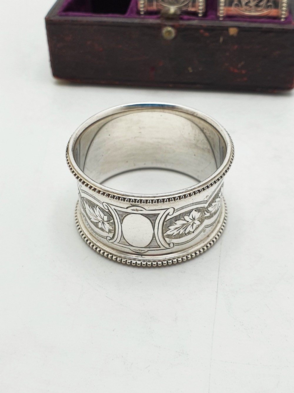 Victorian Silver-Plated Napkin Rings – Set of 6 in Original Velvet-Lined Case – circa 1890 View V