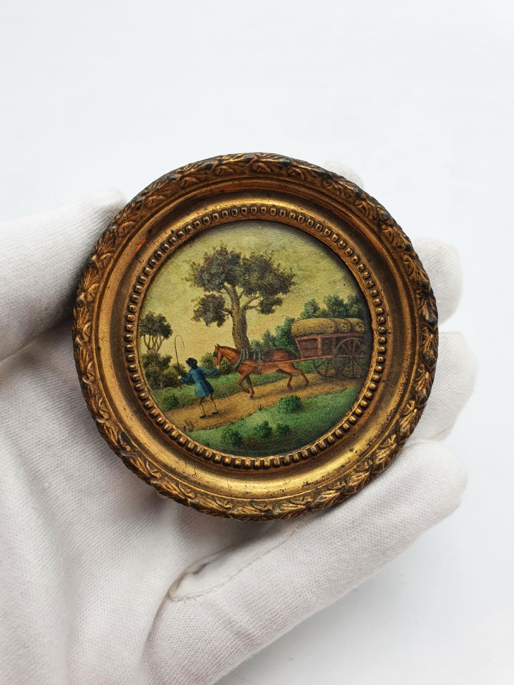 Miniature Hand-Painted Victorian Pastoral Scene in Gilt Gesso Frame – circa 1850