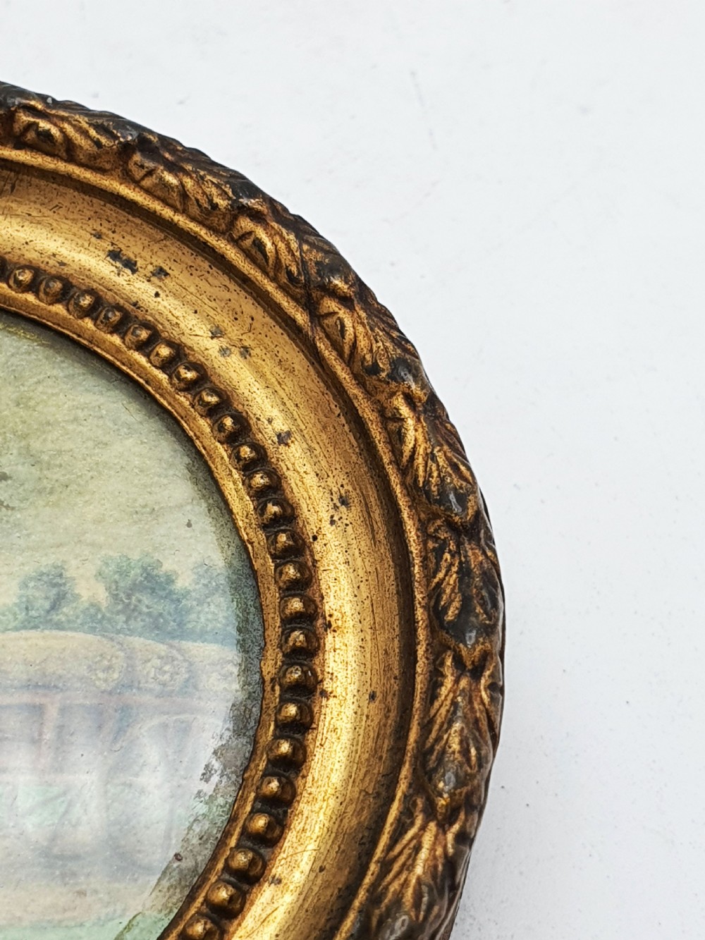 Miniature Hand-Painted Victorian Pastoral Scene in Gilt Gesso Frame – circa 1850 View IV