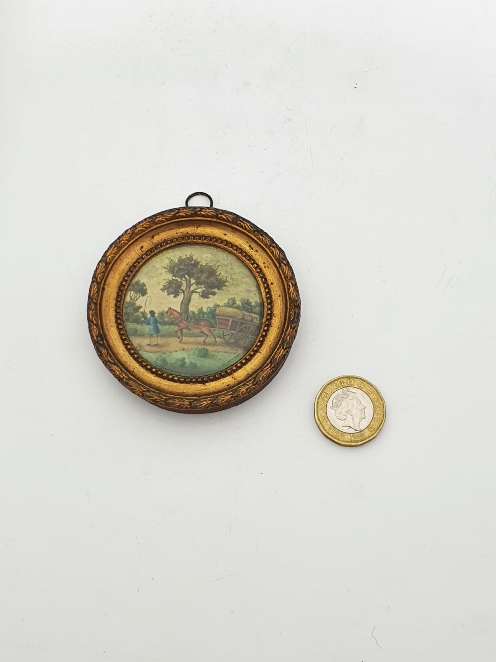 Miniature Hand-Painted Victorian Pastoral Scene in Gilt Gesso Frame – circa 1850 View VI