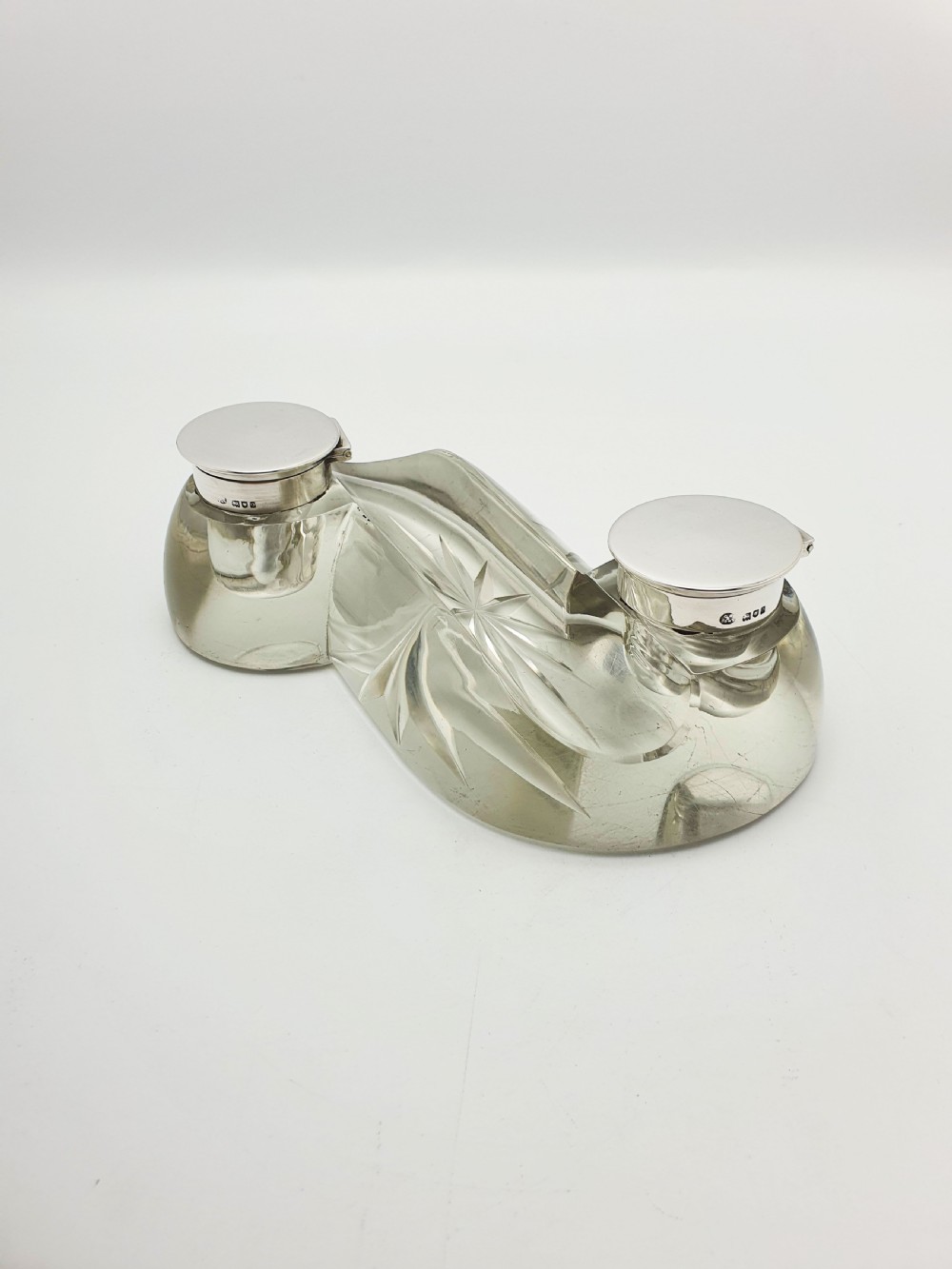 Antique Edwardian Cut Glass & Silver-Top Double Inkstand – London, 1909