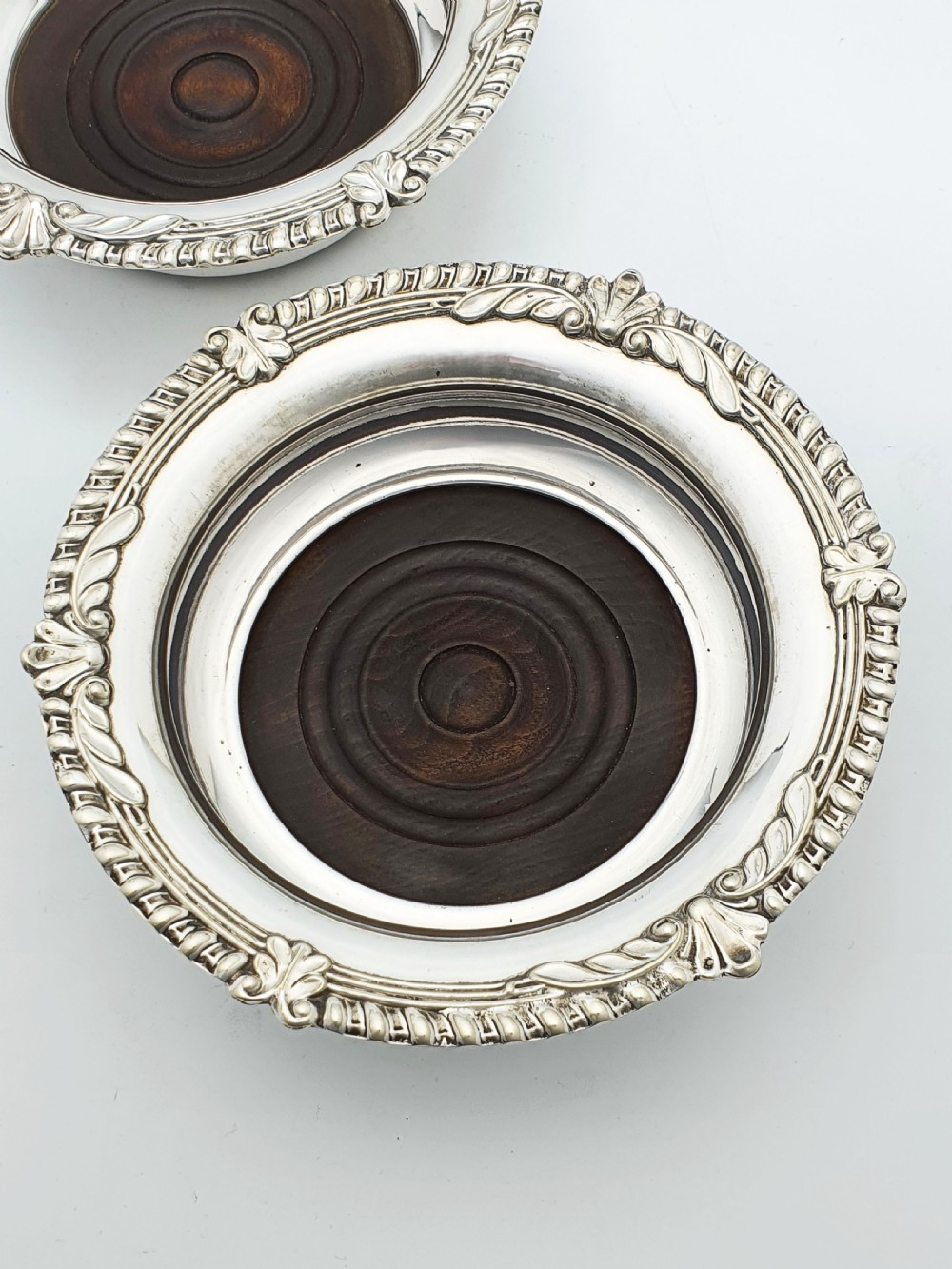 Pair of Antique Silver Plate & Mahogany Wine Bottle Coasters – circa 1920 View II