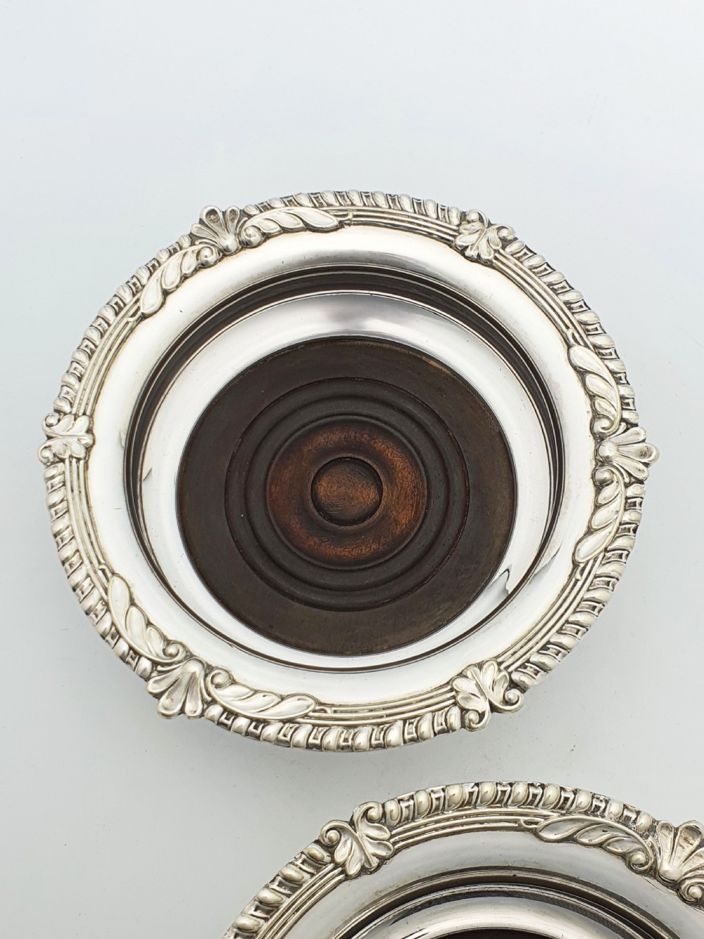 Pair of Antique Silver Plate & Mahogany Wine Bottle Coasters – circa 1920 View IV