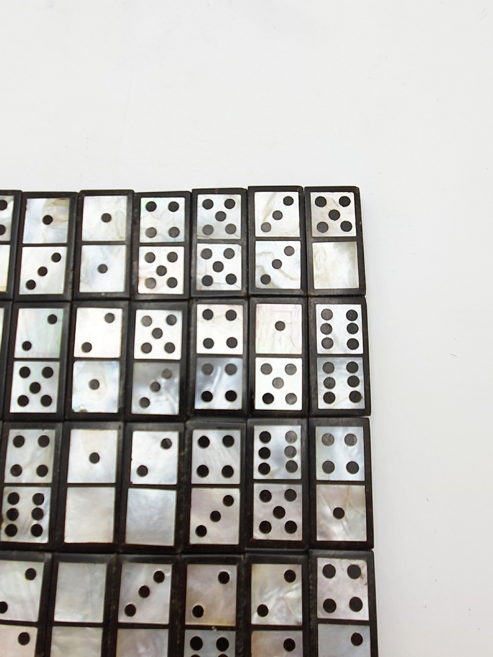Fabulous Mother-of-Pearl & Black Domino Set with Drawstring Pouch – circa 1850 View II
