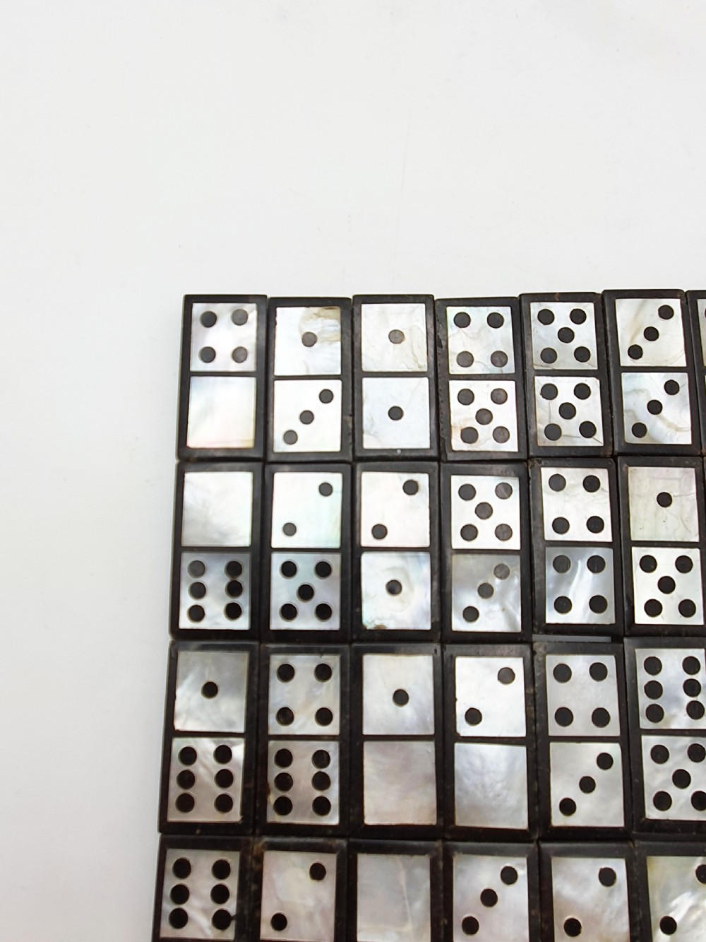 Fabulous Mother-of-Pearl & Black Domino Set with Drawstring Pouch – circa 1850 View III