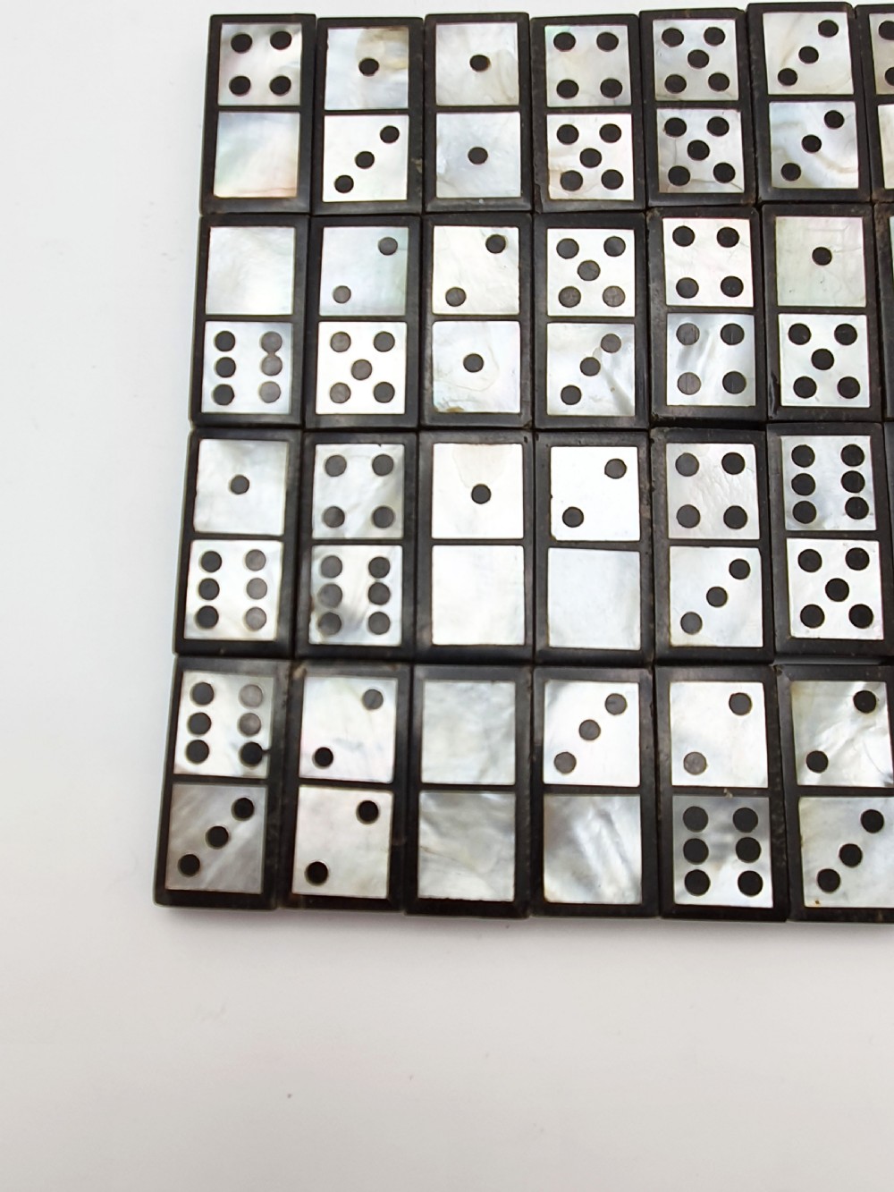 Fabulous Mother-of-Pearl & Black Domino Set with Drawstring Pouch – circa 1850 View IV