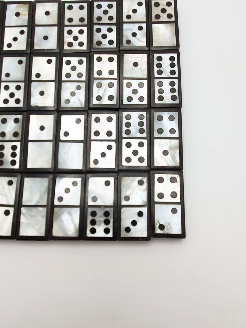 Fabulous Mother-of-Pearl & Black Domino Set with Drawstring Pouch – circa 1850 View V