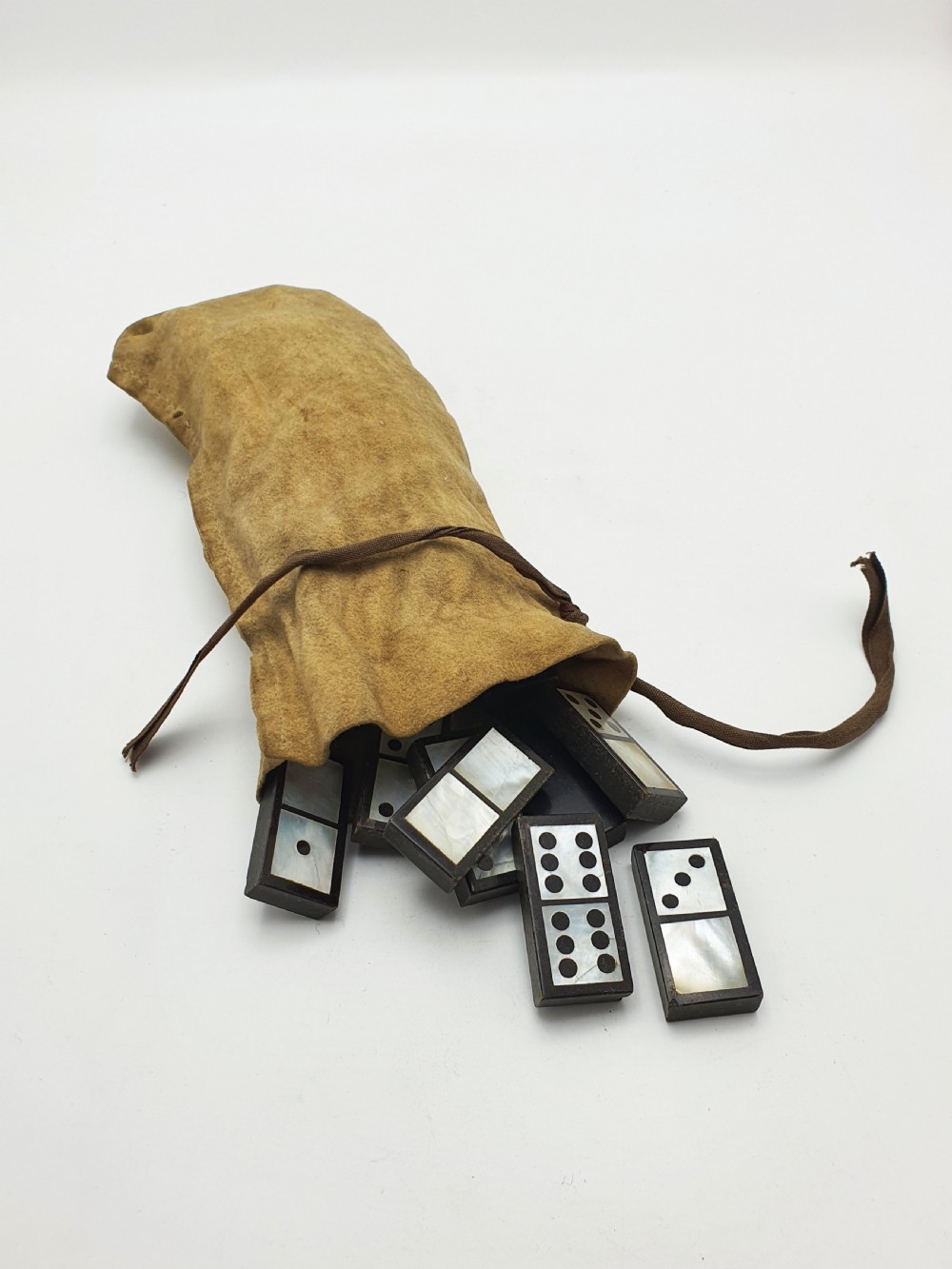 Fabulous Mother-of-Pearl & Black Domino Set with Drawstring Pouch – circa 1850 View X