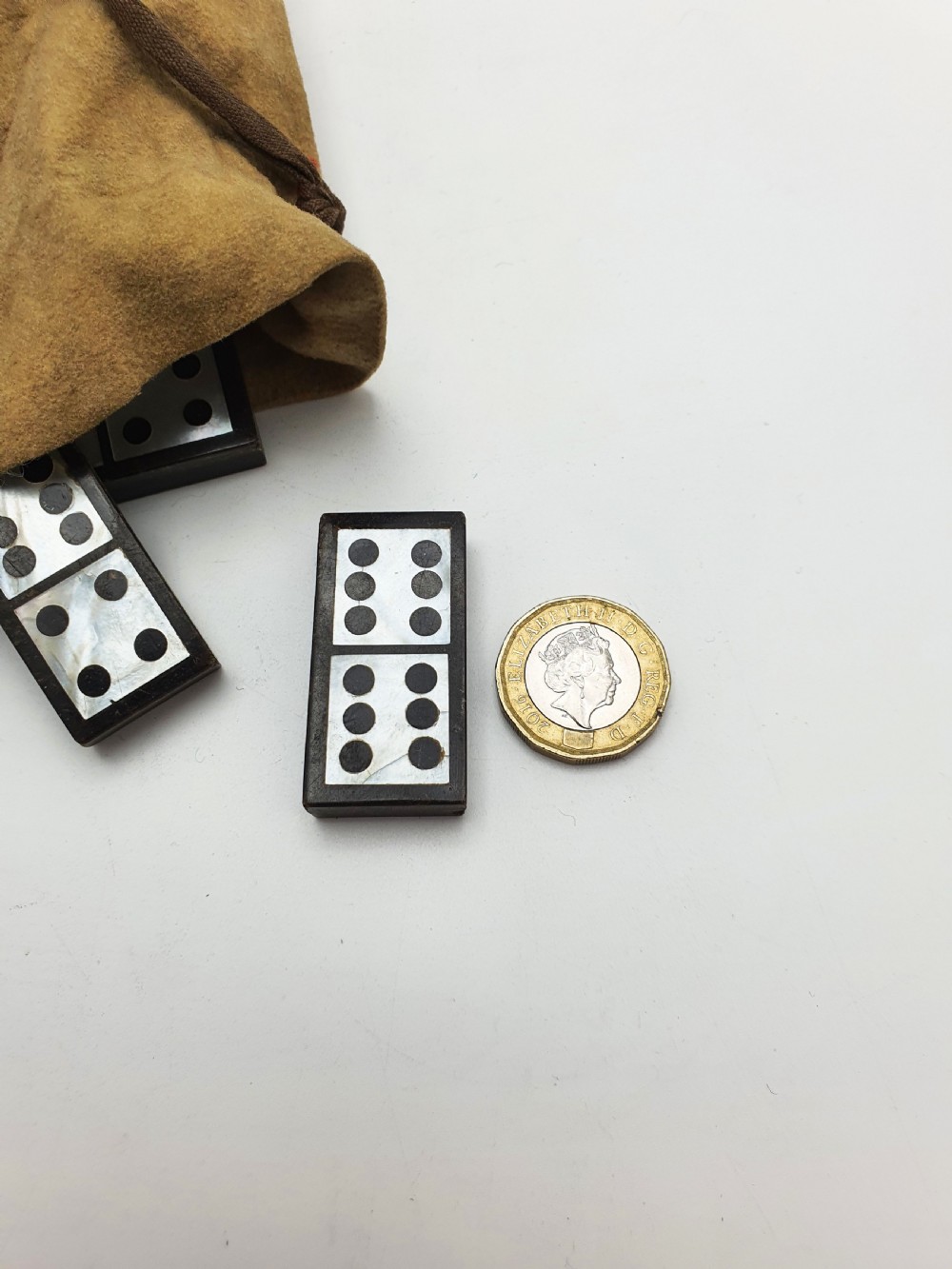 Fabulous Mother-of-Pearl & Black Domino Set with Drawstring Pouch – circa 1850 View XII