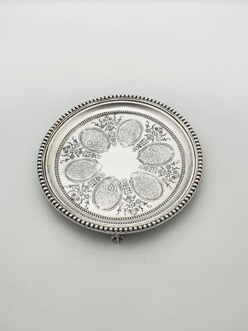 Antique Victorian Round Serving Tray/Salver with Engraved Medallions – circa 1890