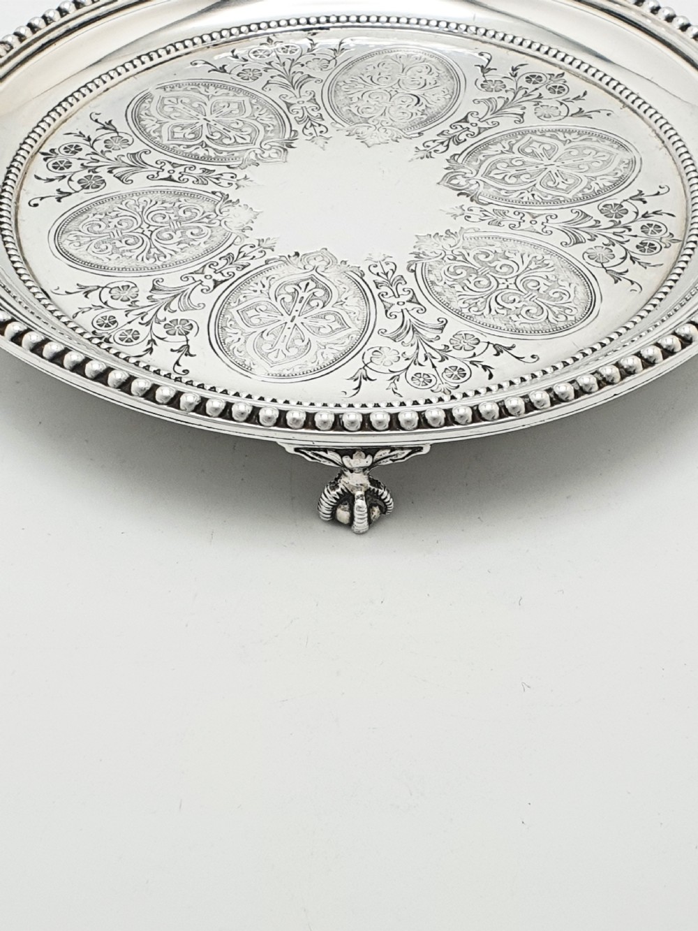Antique Victorian Round Serving Tray/Salver with Engraved Medallions – circa 1890 View II