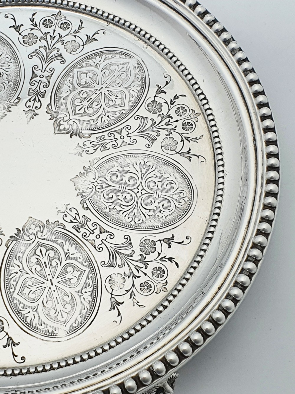 Antique Victorian Round Serving Tray/Salver with Engraved Medallions – circa 1890 View III