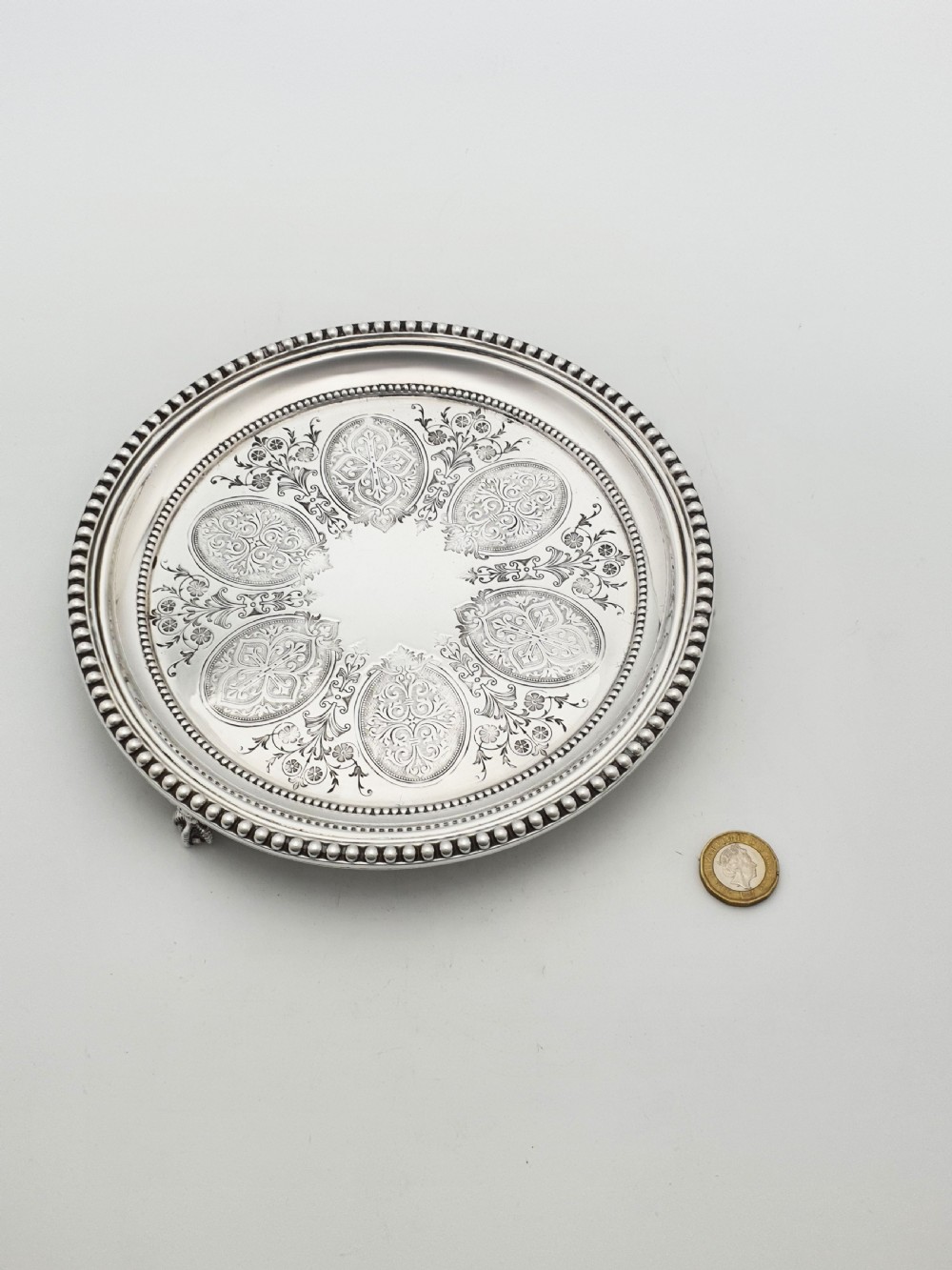 Antique Victorian Round Serving Tray/Salver with Engraved Medallions – circa 1890 View IV