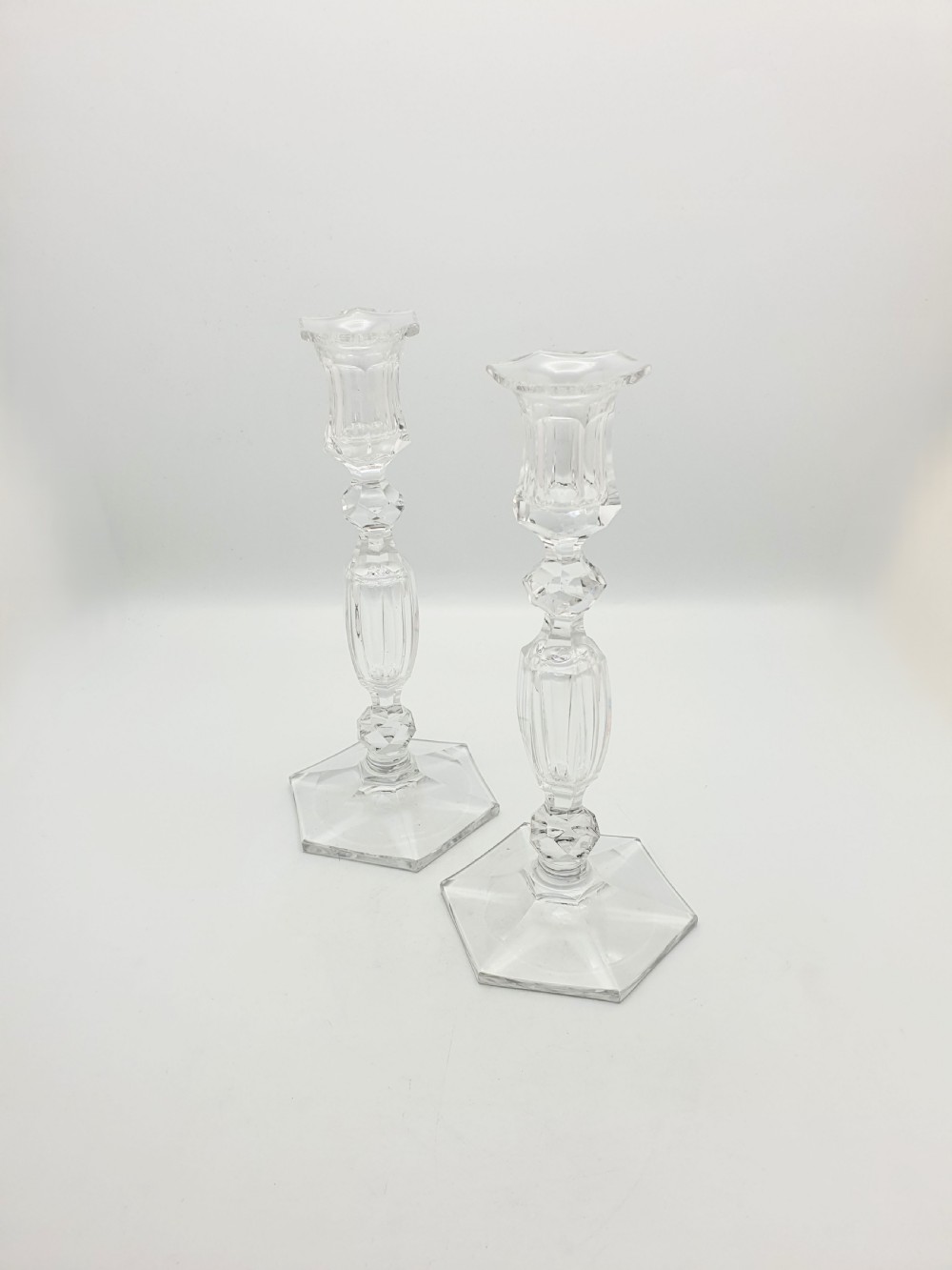 Gorgeous Pair of Antique Clear Cut Crystal Candlesticks  – circa 1920