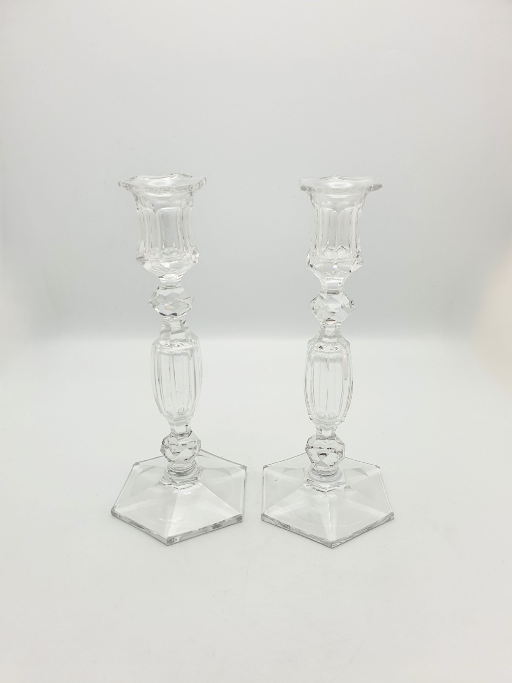 Gorgeous Pair of Antique Clear Cut Crystal Candlesticks  – circa 1920 View II