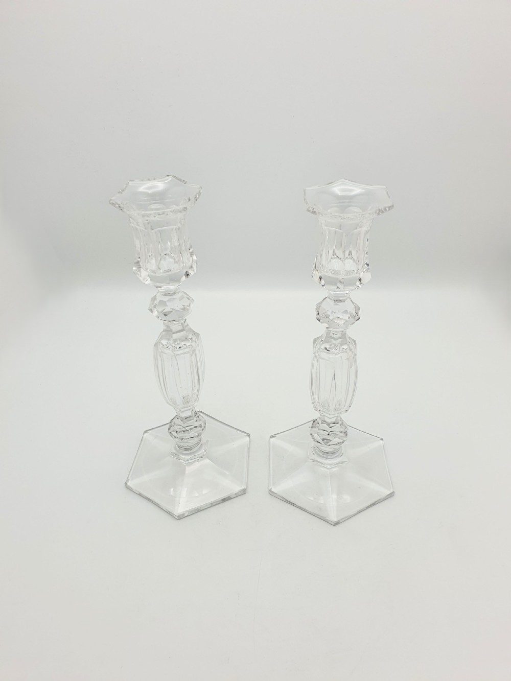 Gorgeous Pair of Antique Clear Cut Crystal Candlesticks  – circa 1920 View III
