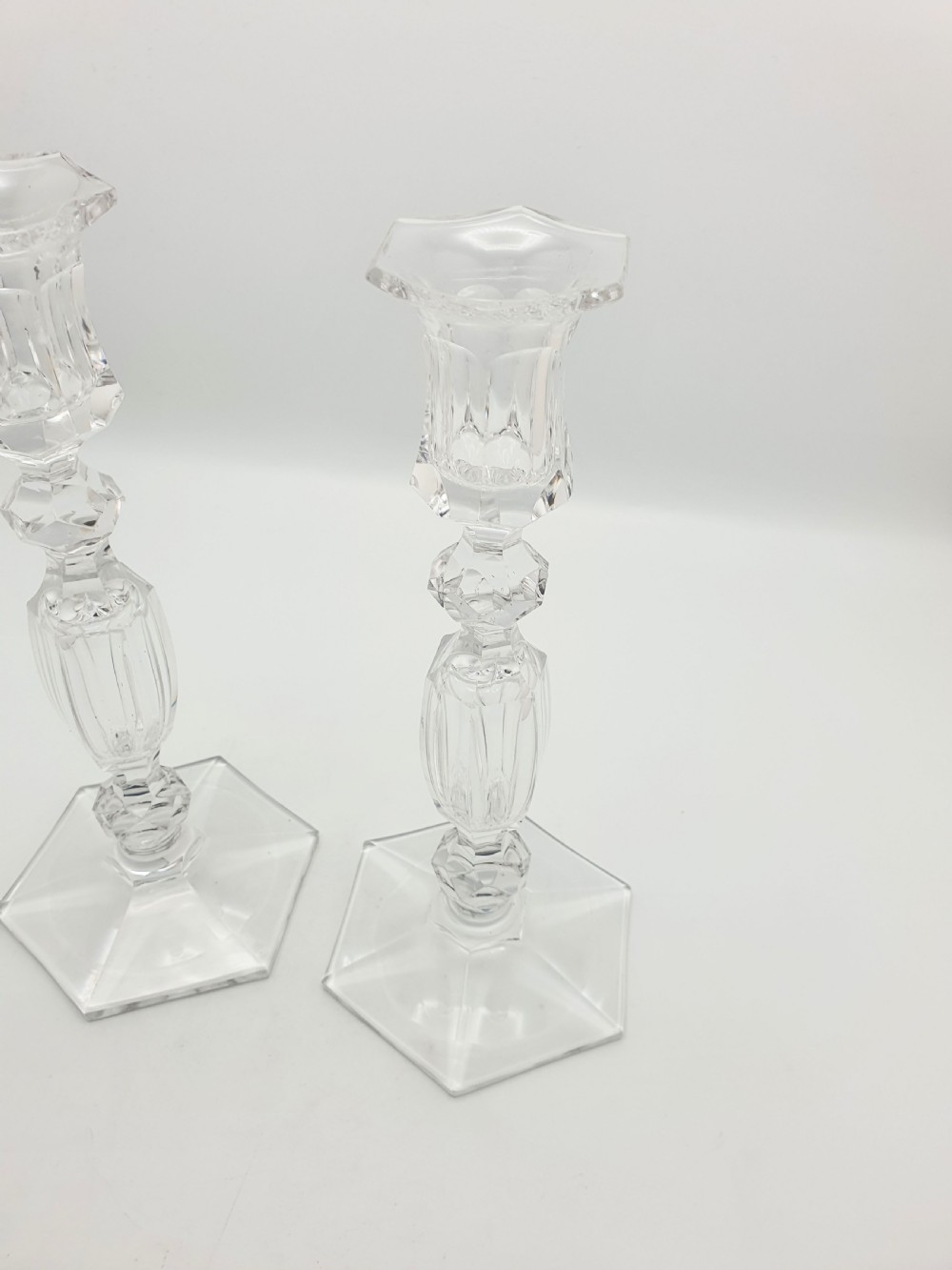 Gorgeous Pair of Antique Clear Cut Crystal Candlesticks  – circa 1920 View V