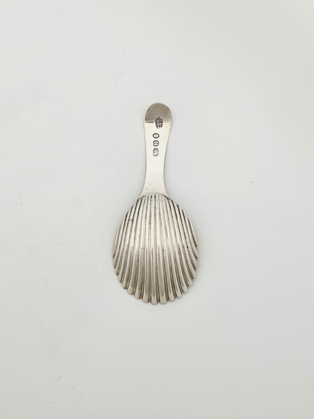 A Georgian sterling silver caddy spoon featuring a fluted shell bowl and an engraved bright-cut handle. View III