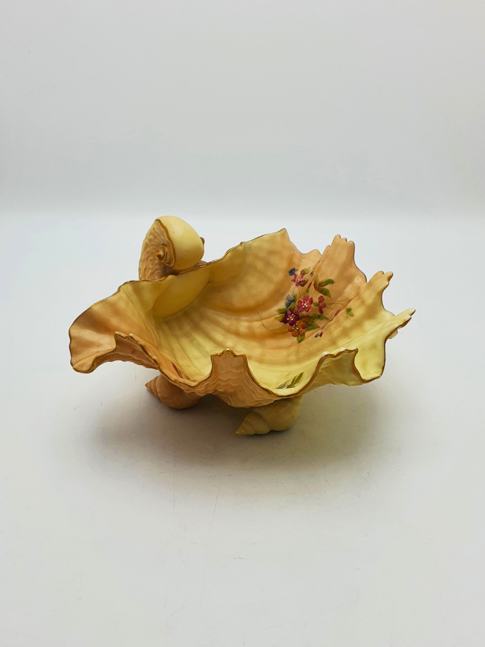 A shell-shaped antique blush ivory porcelain dish featuring soft peach shading, hand-painted pink floral sprays, textured ridges, and a gilded scalloped edge.