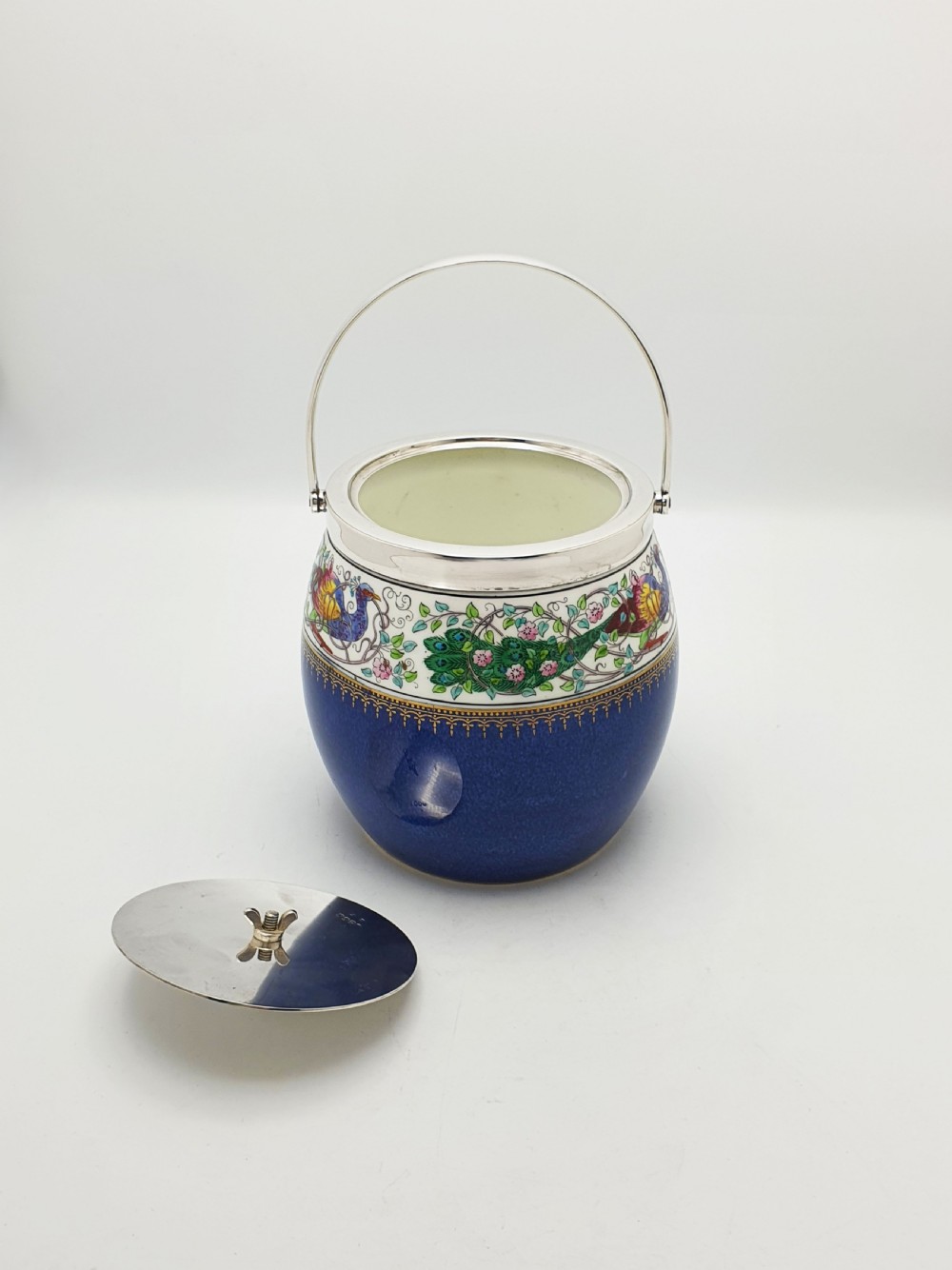 Antique Wedgwood China Biscuit Barrel with Peacock Decoration – circa 1920 View II