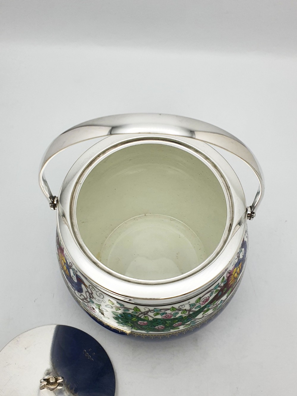Antique Wedgwood China Biscuit Barrel with Peacock Decoration – circa 1920 View III