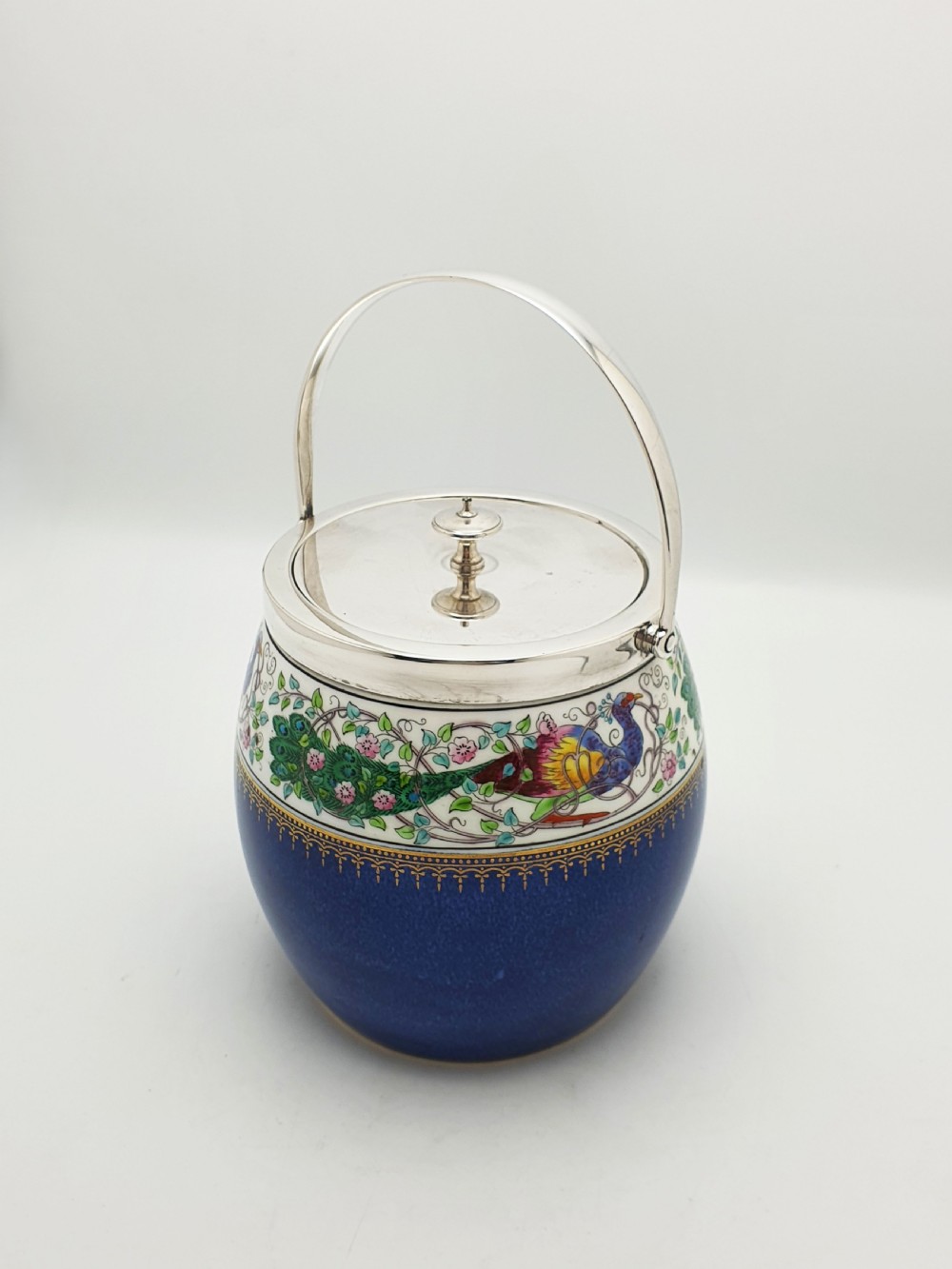 Antique Wedgwood China Biscuit Barrel with Peacock Decoration – circa 1920 View IV