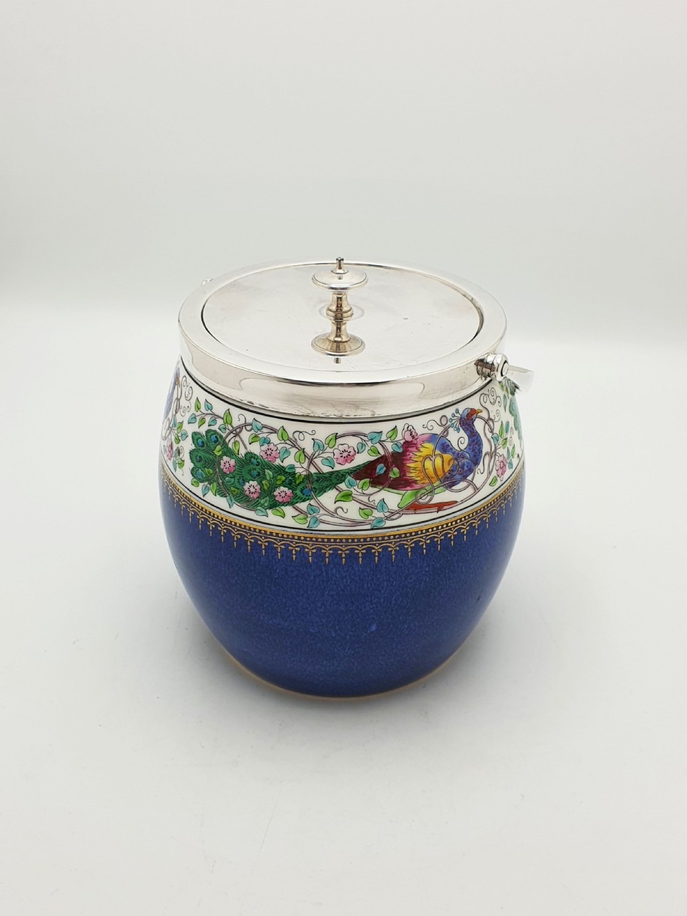 Antique Wedgwood China Biscuit Barrel with Peacock Decoration – circa 1920 View V