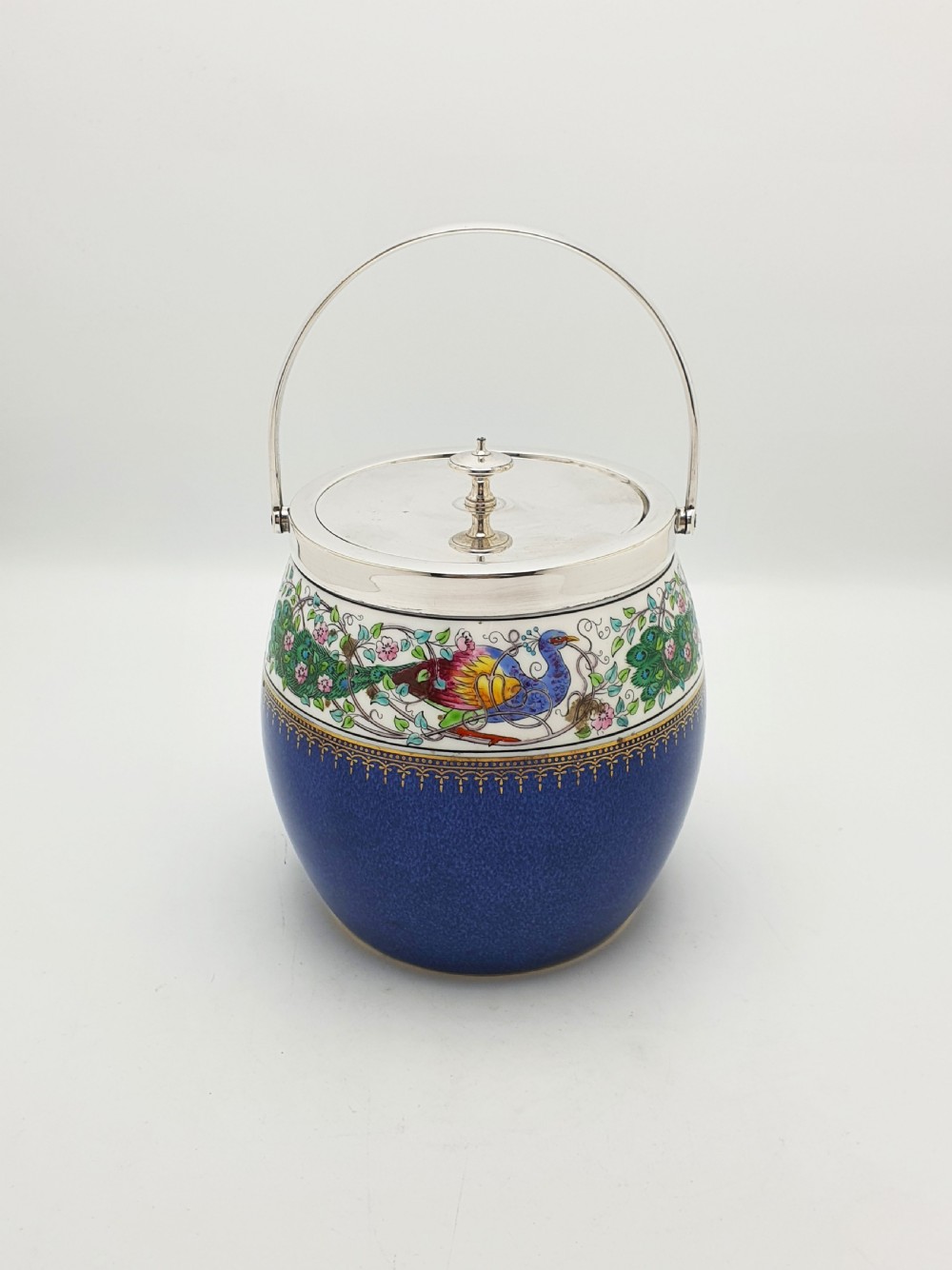 Antique Wedgwood China Biscuit Barrel with Peacock Decoration – circa 1920 View VI