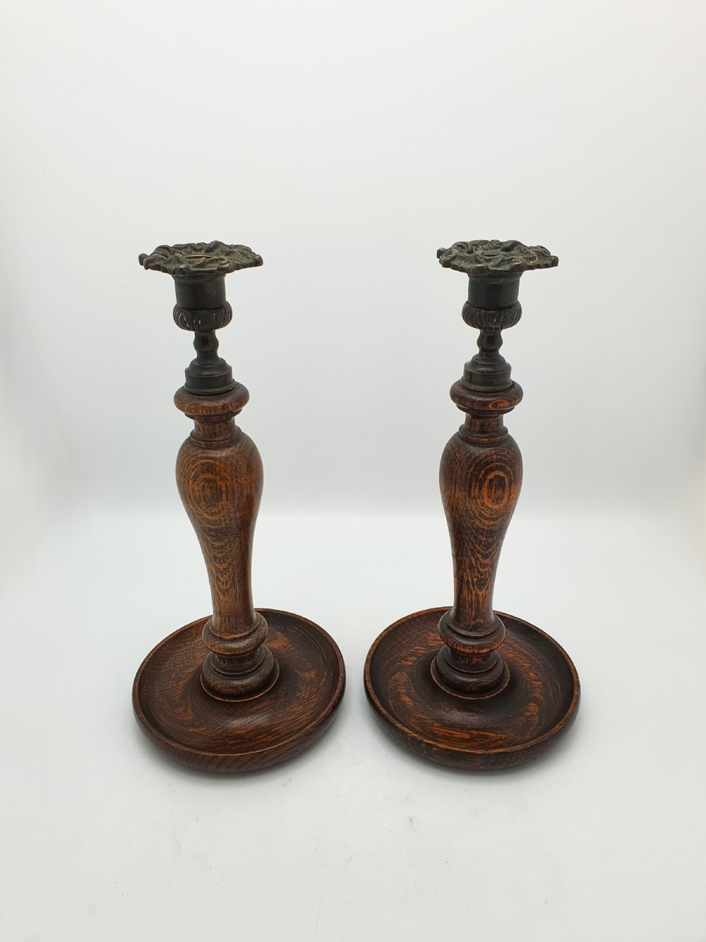 Lovely Pair of Turned Oak and Brass Candlesticks – circa 1920 View II