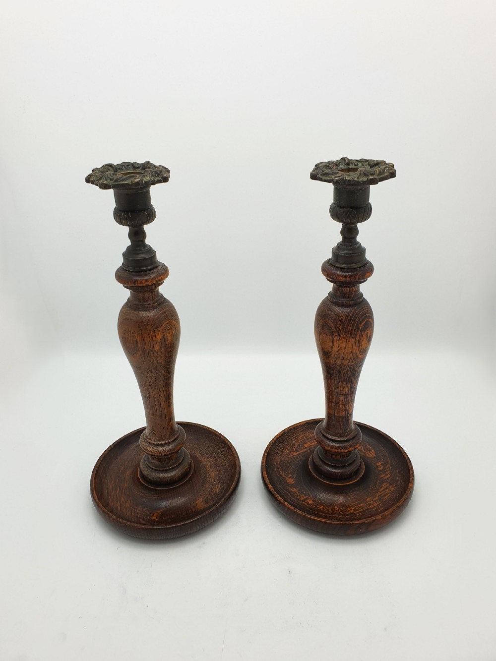 Lovely Pair of Turned Oak and Brass Candlesticks – circa 1920 View III
