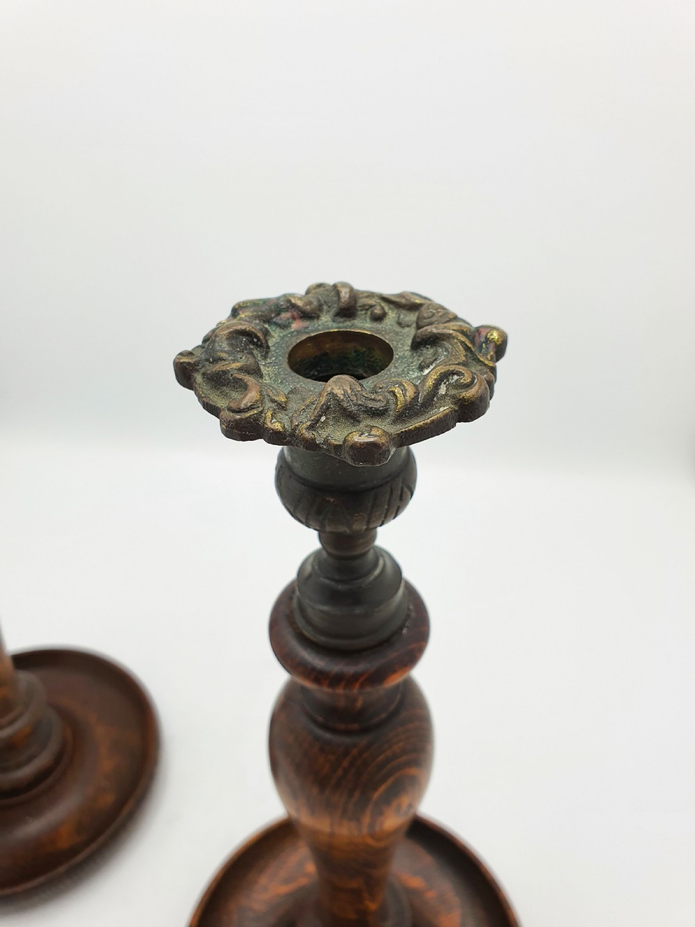 Lovely Pair of Turned Oak and Brass Candlesticks – circa 1920 View IV