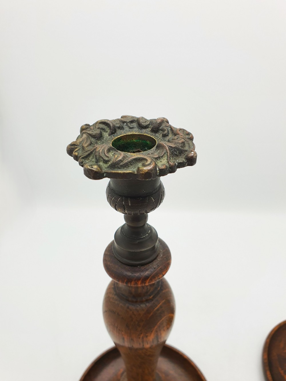 Lovely Pair of Turned Oak and Brass Candlesticks – circa 1920 View V