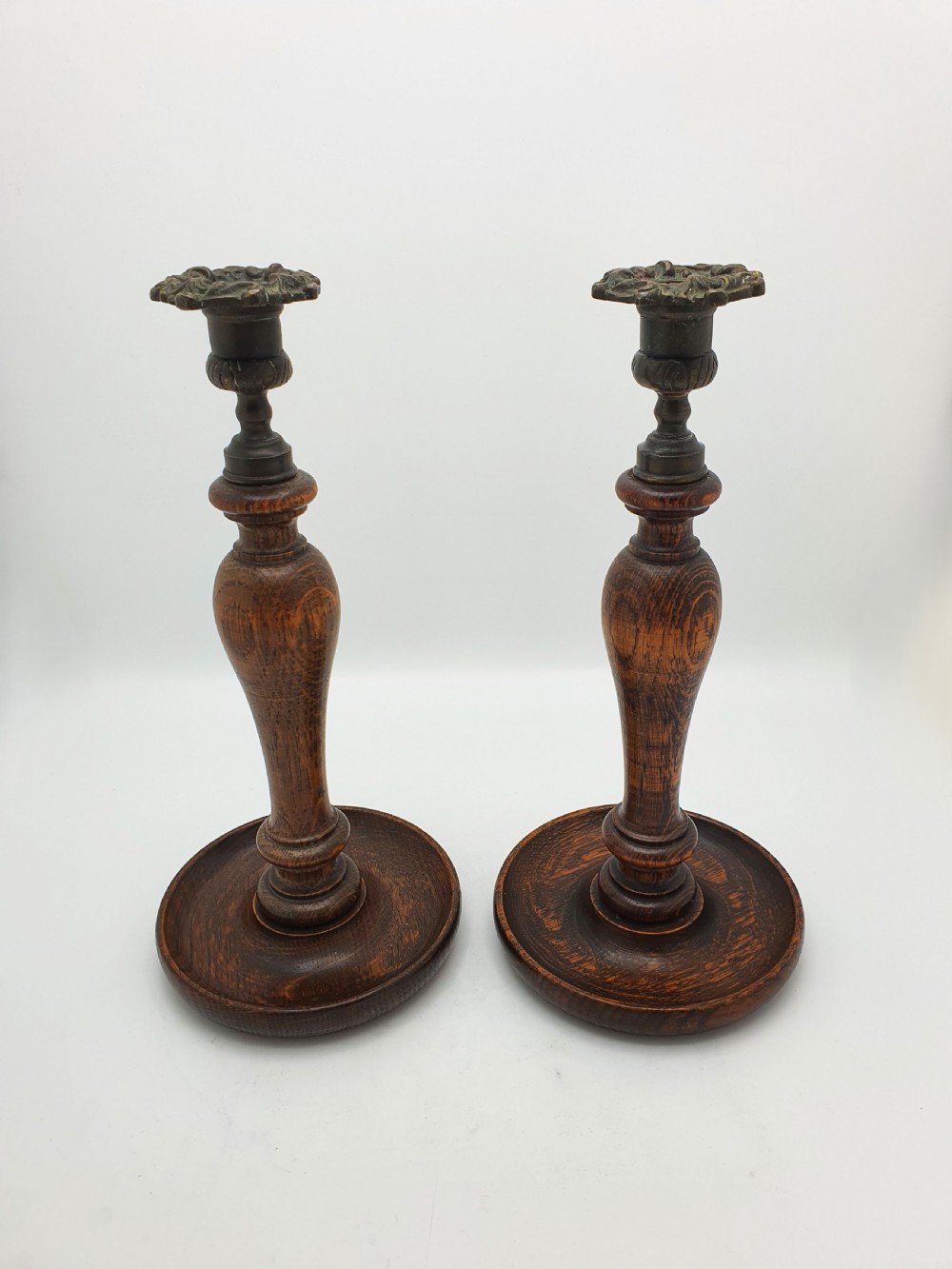 Lovely Pair of Turned Oak and Brass Candlesticks – circa 1920 View VIII