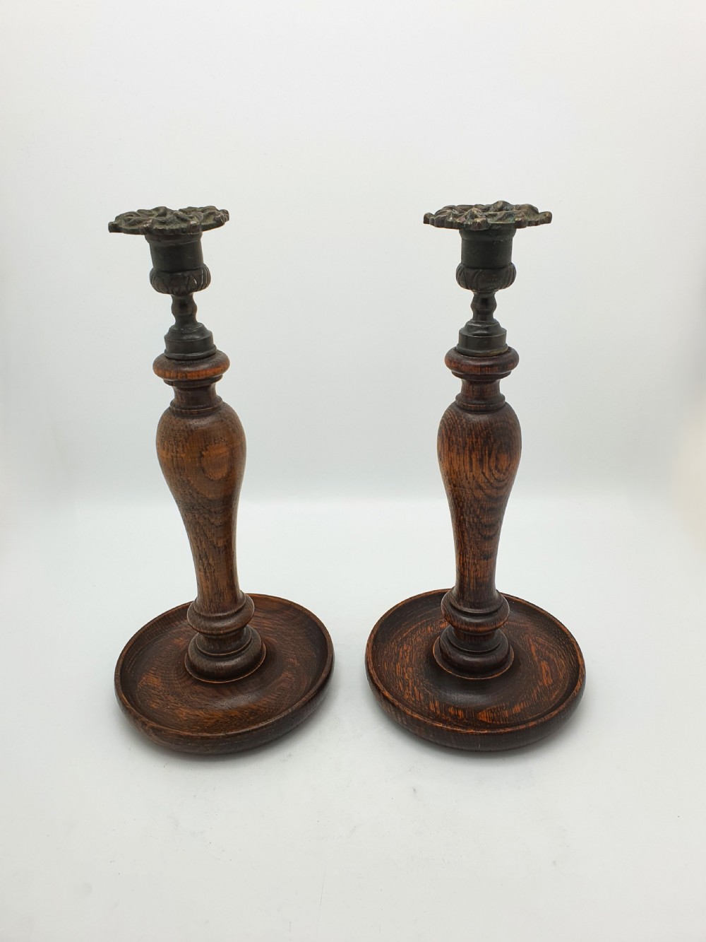 Lovely Pair of Turned Oak and Brass Candlesticks – circa 1920 View IX