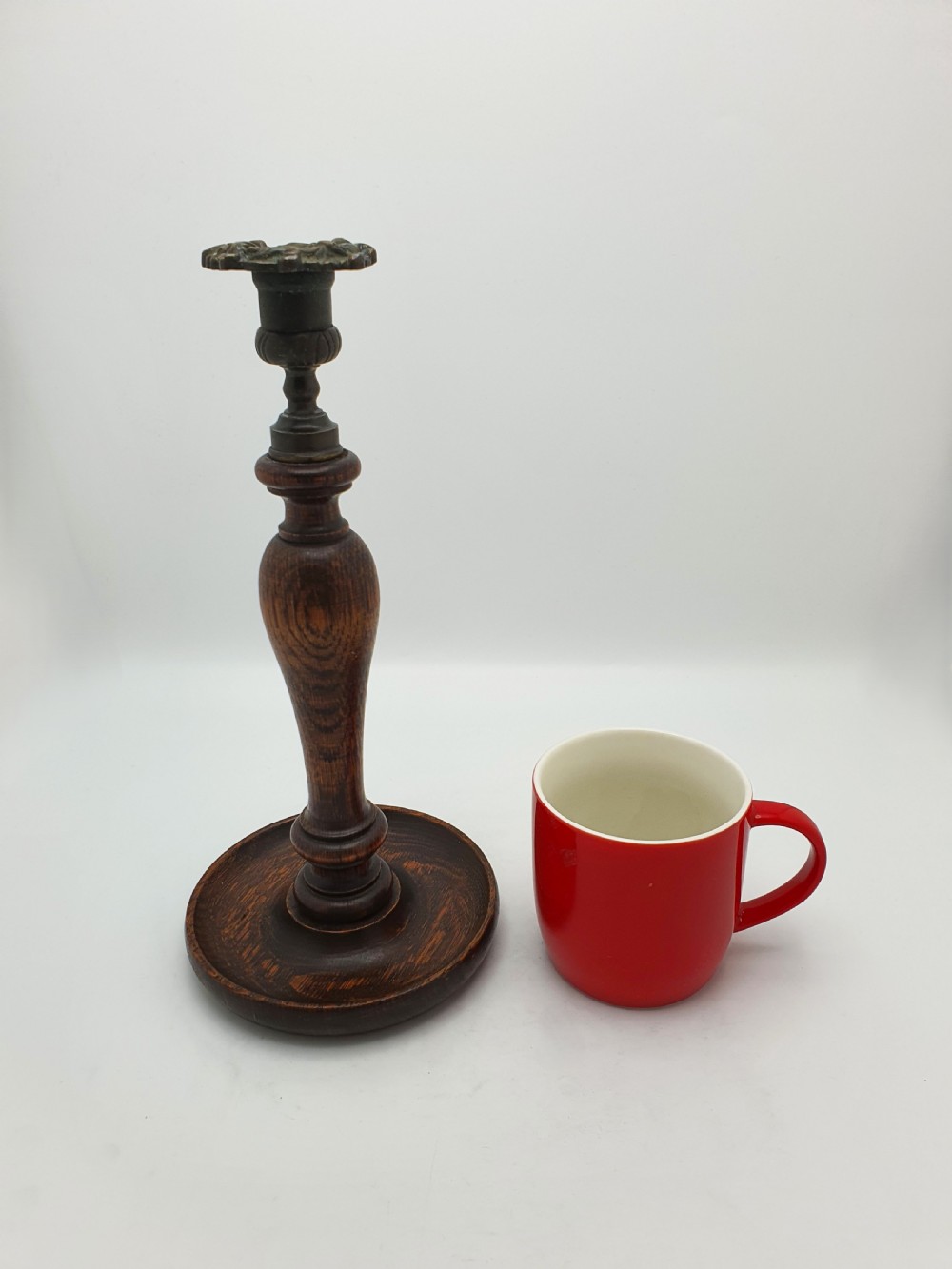 Lovely Pair of Turned Oak and Brass Candlesticks – circa 1920 View X