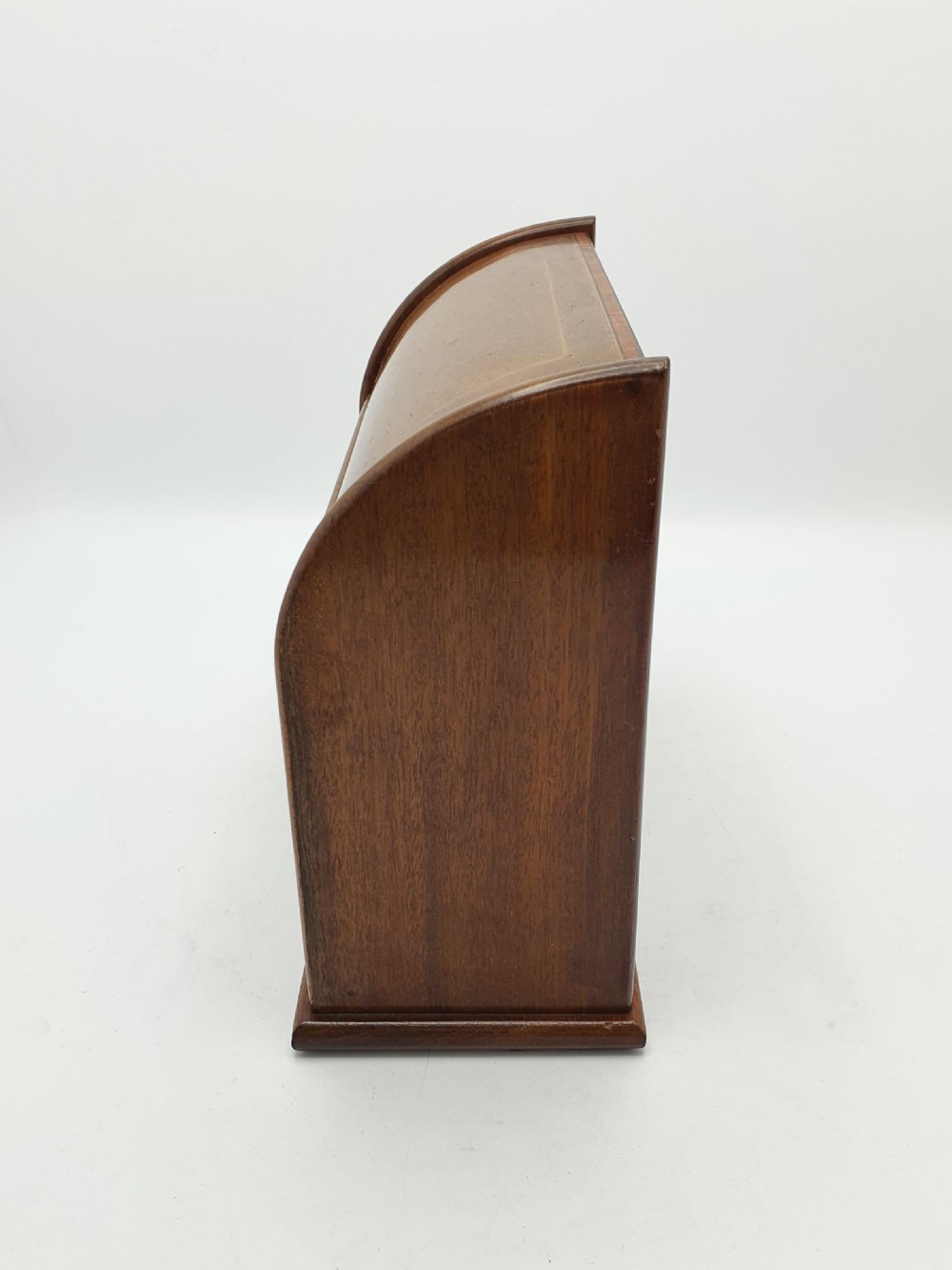 An antique Edwardian mahogany desk tidy featuring a hinged slanted lid, internal letter dividers, and line-inlaid boxwood detail on the front. View VI