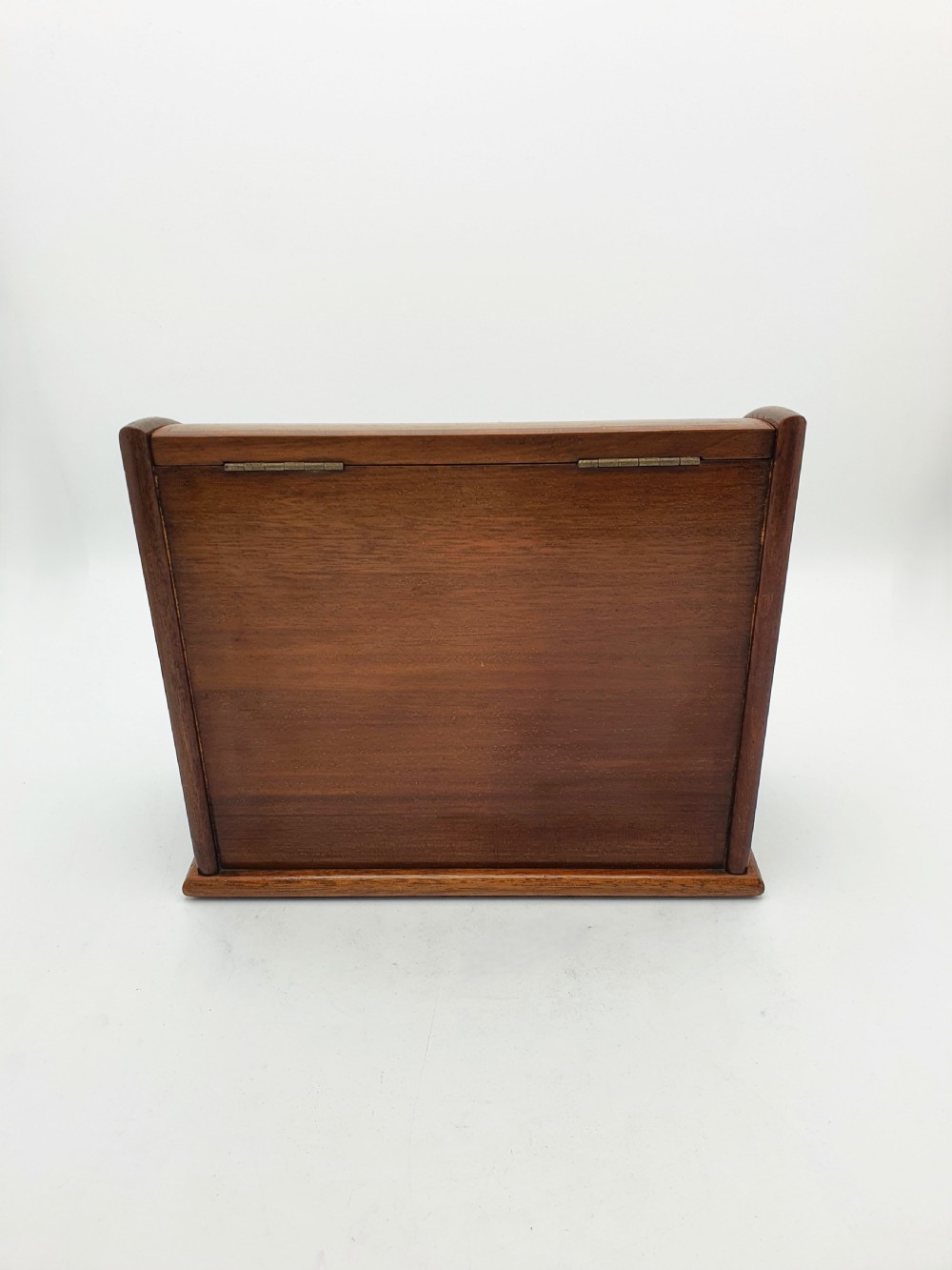 An antique Edwardian mahogany desk tidy featuring a hinged slanted lid, internal letter dividers, and line-inlaid boxwood detail on the front. View VII