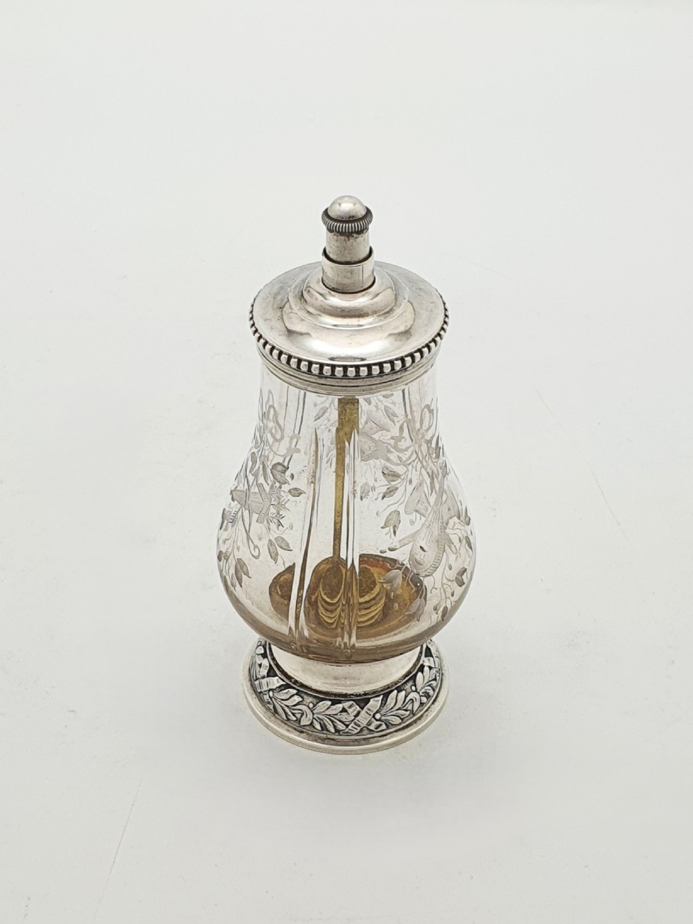 French Silver Mounted Etched Glass Push-Top Salt Cellar – circa 1920