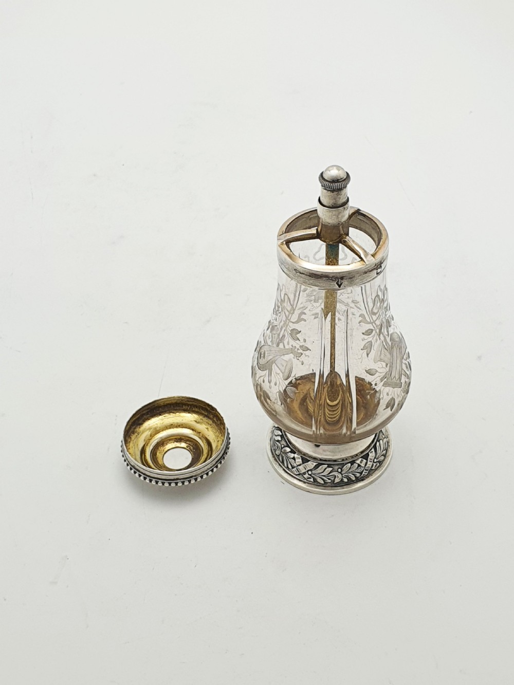 French Silver Mounted Etched Glass Push-Top Salt Cellar – circa 1920 View III