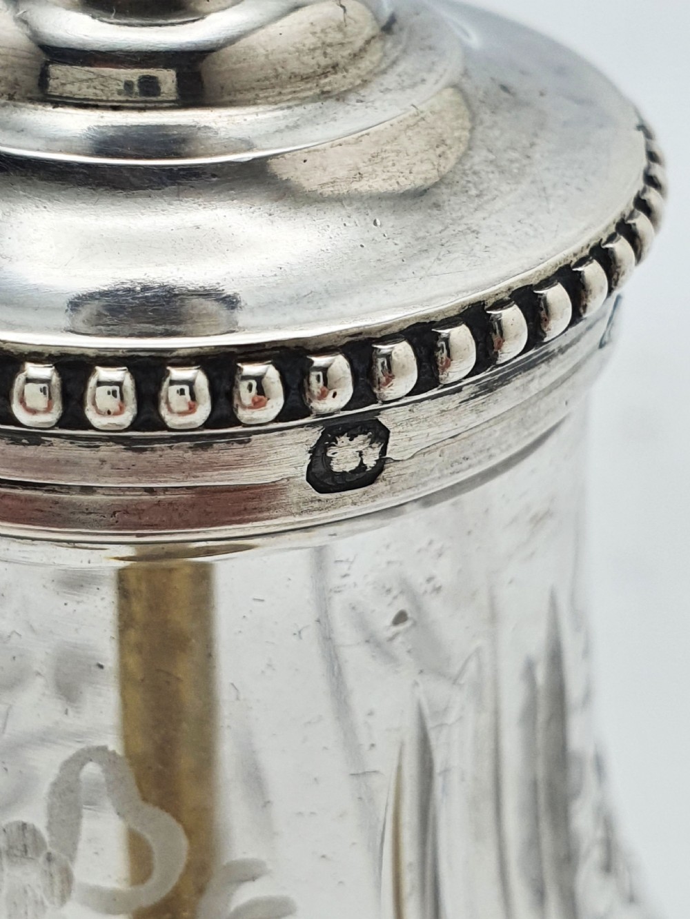French Silver Mounted Etched Glass Push-Top Salt Cellar – circa 1920 View X